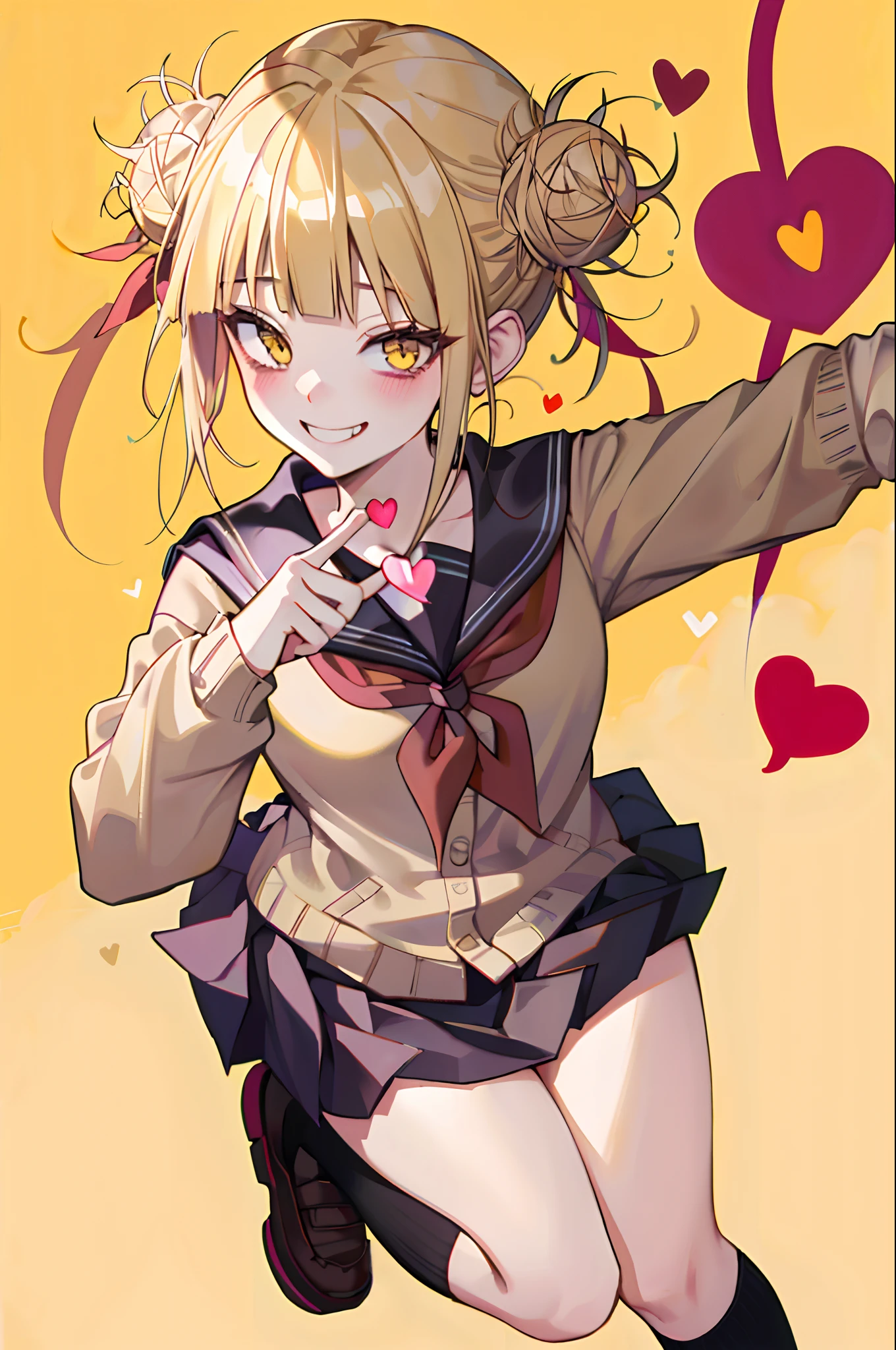 (masterpiece, best quality;1.3), ultra detailed, 1girl, solo, smile, gold hair,
miniskirt, yellow cardigan, long sleeves, sailor collar, red neckerchief, black kneehighs,micro mini skirt, from above,
Himiko Toga, TOga, Himiko, (heart_eyes_full), heart_eyes_inside