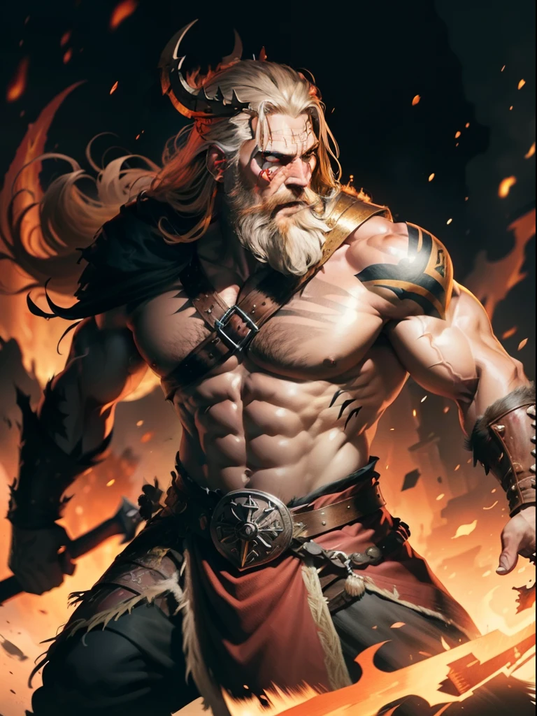 bits of color, Sketch book, hand drawn, dark, gritty, realistic sketch, Rough sketch, mix of bold dark lines and loose lines, bold lines, on paper, centered artwork, 2D vector, vivid red watercolor, turn around Character sheet, Full body, Viking Tribe King, handsome Viking Man, forte king, dungeon and dragons, Defined bulky muscles, Viking king clothes, golden details, crown of fire, flaming eyes, axes with neon lightning, extreme action shot