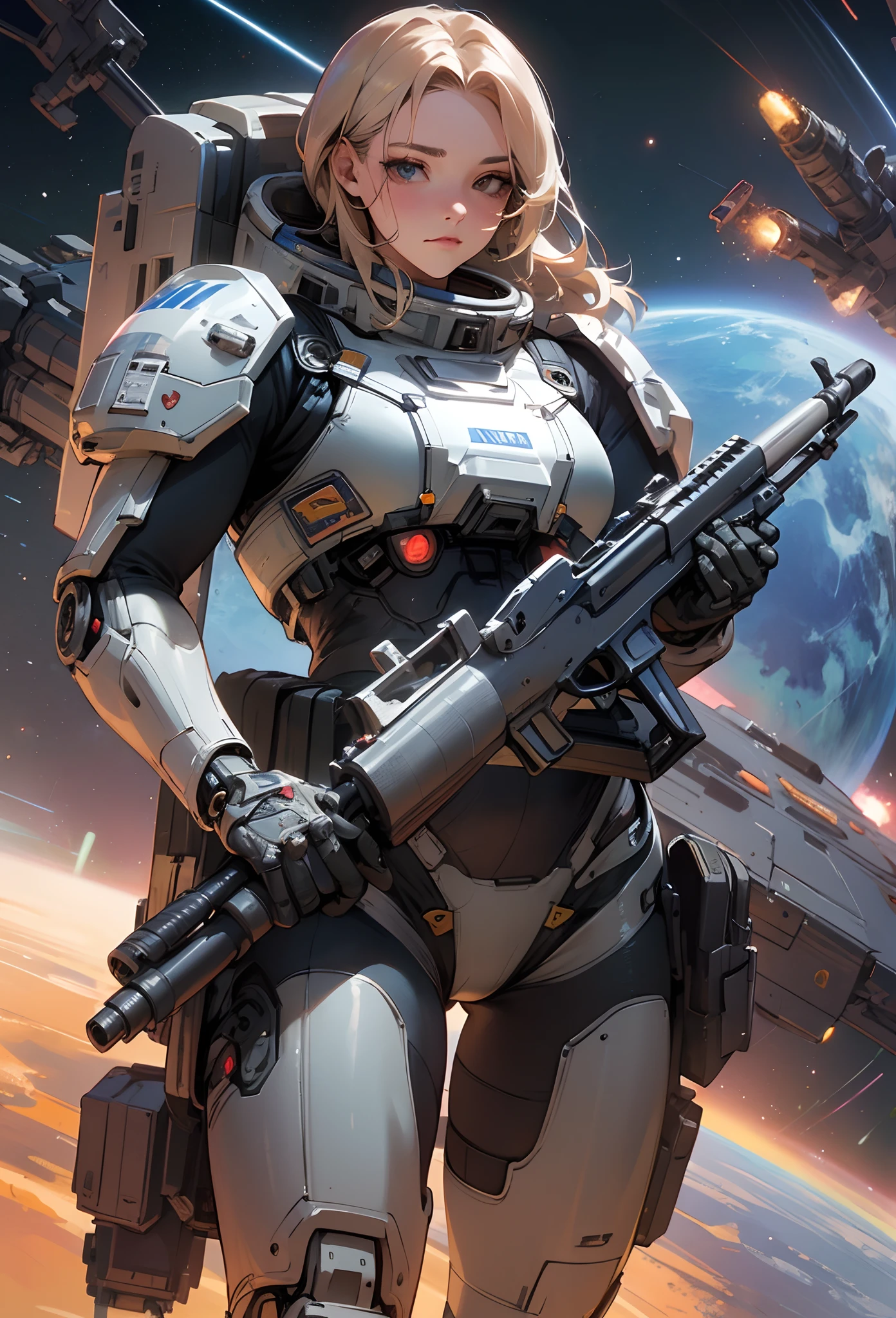 (Artwork of exceptional craftsmanship),(Detailed illustrations,(Very ideal anatomy),Very detailed and detailed drawing,Delicate lines with slow and rapid,(Realistic texture expression)),[Color tressed main line],(Space Battlefield [Space Mobile Fortress]),[独奏],[[ANIME]] Bionic Girl Beauty 15 years old ((well-muscled)) [plump] (Astronauts Cyborg) [Space Marine Corps Military [MASCHINEBODY]],Iron Spear [[Machine Gun Bazooka] Saber Rifle Bullet Belt Firearm][[Rocket Pack]],[White Devil],Zero Gravity Front,Gravure Battle Damage,Spatial Combat,(Fine and beautiful skin expression [Transparency]),[Clear gaze],[Perfect eye details (Eyes beautifully drawn down to the smallest detail)],(Beautiful perfect face [Realistic face details:0.8]),[More on shiny hair],(Perfect hand details),(Perfectly proportioned:1.2),([Advanced structural understanding of materials],Ideal color coordination),([Precision Detail],HighQuality,hight resolution),[(Accurate simulation of light-material interactions),Mechanically correct representation,Perfect Anatomy],[Graffiti art with a sense of narrative].