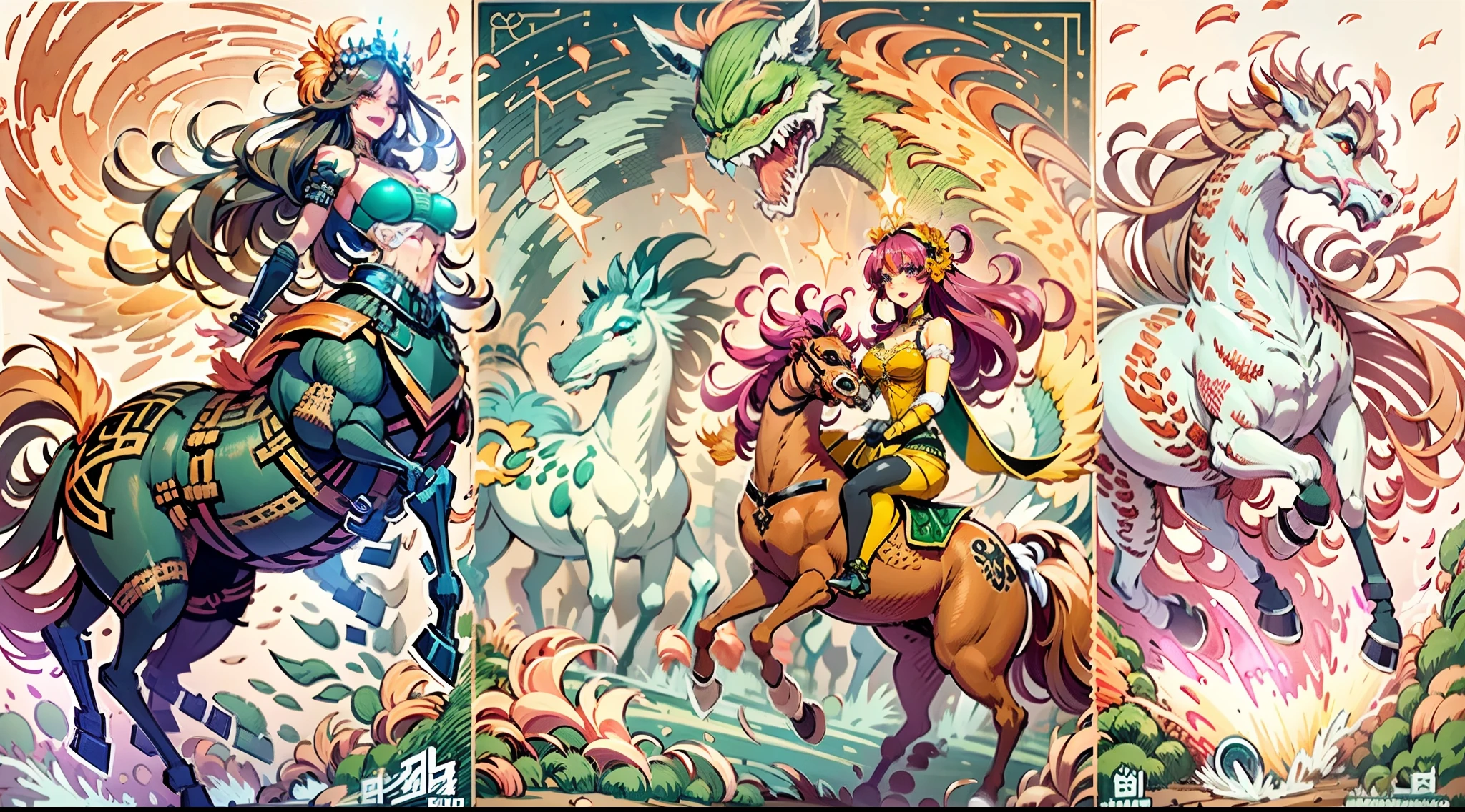 In the beautiful illustration of this super-grand scene，The ultra-long-range lens is shown（Eight unique centaur characters：9.9），They all have their own characteristics，Vivid and interesting。Radiant angelic centaurs from the heavenly realm，To the hellish centaurs surrounded by nightmarish flames，And then to the Wind Immortal Centaur dancing in the air，There are also one-horned centaurs surrounded by thunder and lightning，and mechanical centaurs that shine with metallic light，And then to the powerful dragon centaur with colored dragon scales covering the whole body，The elegant and agile elf centaur always wears a flower crown with its slender and graceful lines，Enchanting and charming Tiflin centaurs。Each character has their own unique charms and abilities。The illustration uses advanced artistic techniques and tools，（Divide the scene into sections by geometric arrangement：9.9），Each section corresponds to a centaur character，This makes more efficient use of space。Through Midjourney's advanced brush tools、Color palette、Material packs and model packs，Exquisite costumes and equipment are designed for each centaur，Enhances the character's personality and visual appeal。The scenery in the illustrations is stunning，There are changing skies、rainbowing、extreme light、Stars and Moon。Incorporating iconic landmarks such as Mount Everest，and fireworks、tranquil lake、Natural and urban elements of waves and neon lights，Creates a magical atmosphere。The centaurs showed off their skills and equipment in a variety of environments，This is true even in extreme alien landscapes。（Use Midjourney's tools、Material packs、Texture tools、The color palette makes depicting details vivid and realistic：9.9），From intricate hairstyles and clothing to authentic textures，Enhances the realism of the characters and surroundings。The fusion of multiple art styles adds movement to the centaur's movement at all angles，The overall visual experience is further enriched。The final illustration was described as a "mast