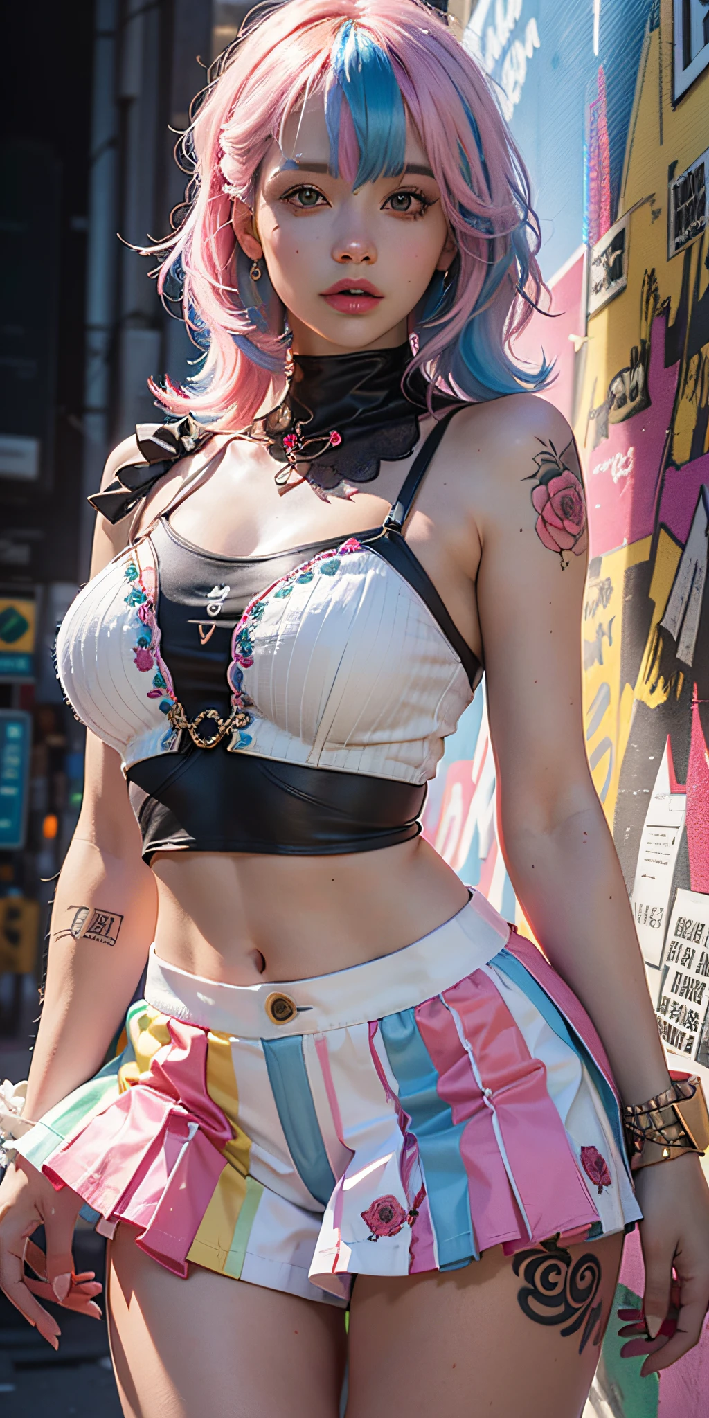 Photorealistic, high resolution, Soft light,1womanl, Solo, hips up high, glistning skin, (Detailed face),Tattooed with, jewelry, (rainbow colour hair,Colorful hair,Half blue and half pink hair:1.2), White_Skirt, high-waist_Shorts, Outfit ,rosette,(Dynamic Angle:1.1),Vivid,Soft and warm color palette, Delicate brushwork, Stimulates the use of light and shadow, Wide shot,Subtle details of withered flowers,High contrast,Color contrast,