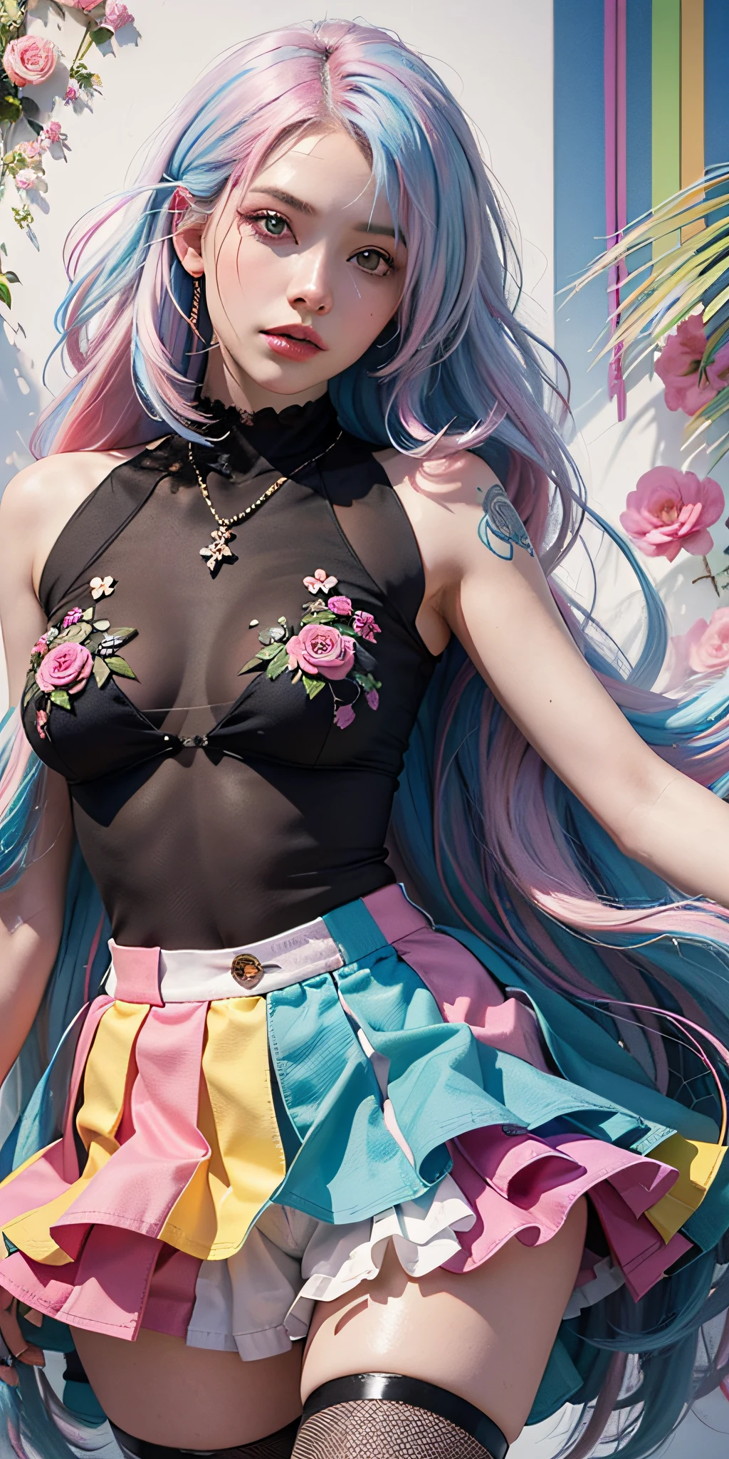 Photorealistic, High resolution, Soft light,1womanl, Solo, hips up high, glistning skin, (Detailed face),The tattoo, Jewelry, (rainbow color Hair,Colorful hair,Half blue and half pink hair:1.2), white_Skirt, high-waisted_Shorts, outfit ,roses,(Dynamic Angle:1.1),Vivid,Soft and warm color palette, Delicate brushwork, Stimulating use of light and shadow, Wide Shot,Subtle details of wilted flowers,High contrast,Color contrast,