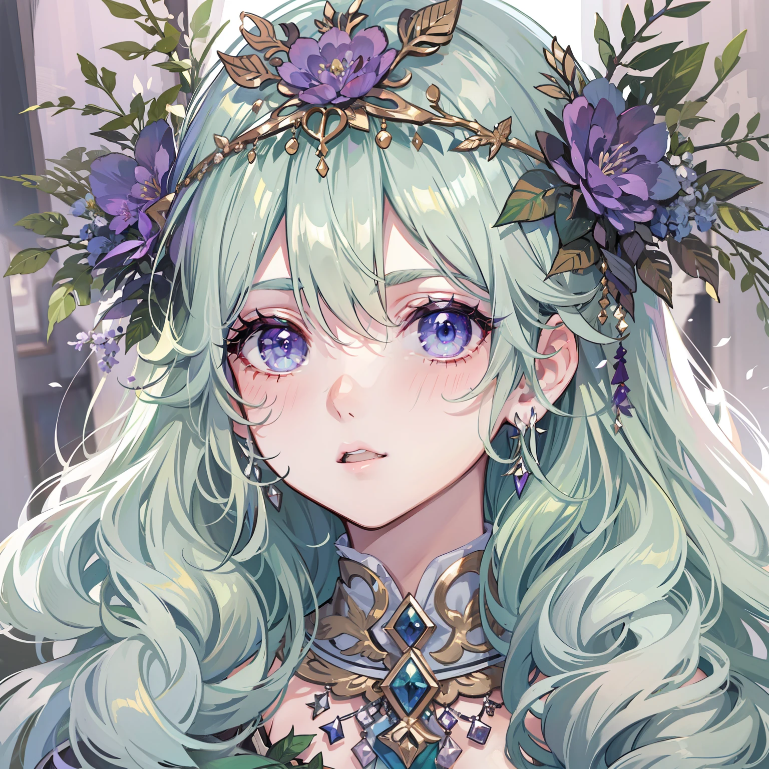 tmasterpiece,Best quality at best,A girl,Pine leaves white green hair,Purple pick dye,Smoky eyes,Gradient color eyes,diadems,Colorful headdress