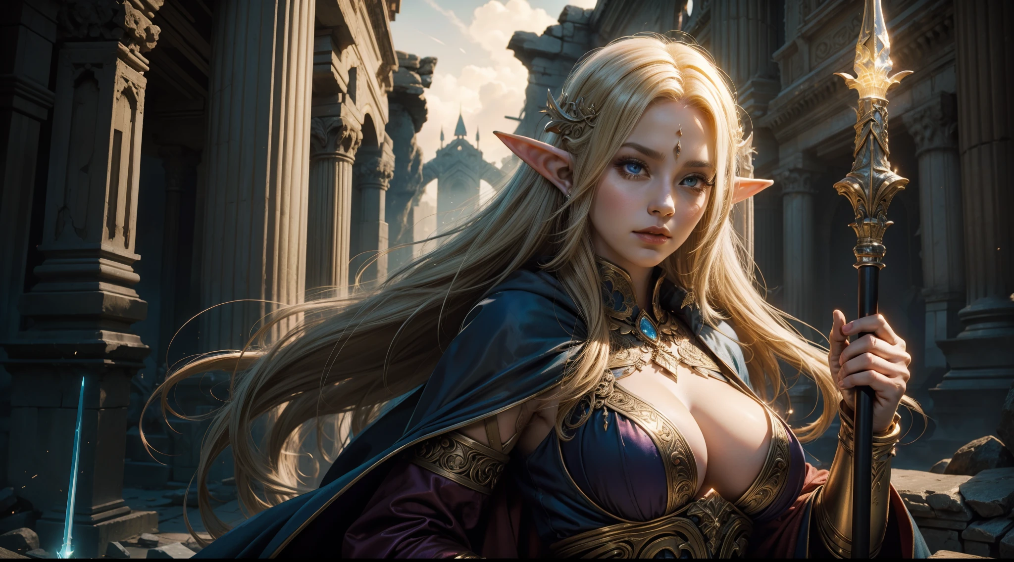Female elf,Large breasts,magnificent robe,Glowing scepter,dramatics,dynamicposes,The background is a ruin,(Close portrait:1.3)