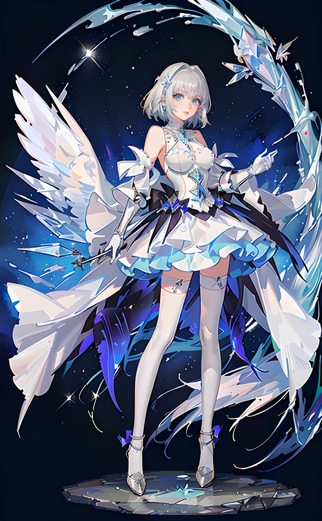 best qualityer,tmasterpiece,Ultimate resolution,downy,Extremely colorful,Colorful,Lady Knight,Royal Sister,Silver armor skirt,Full body set with gemstones,White crystal,huge tit,(Silver-white ultra-short hair),Armor set with white crystal,jewelry,crystal,Normal posture