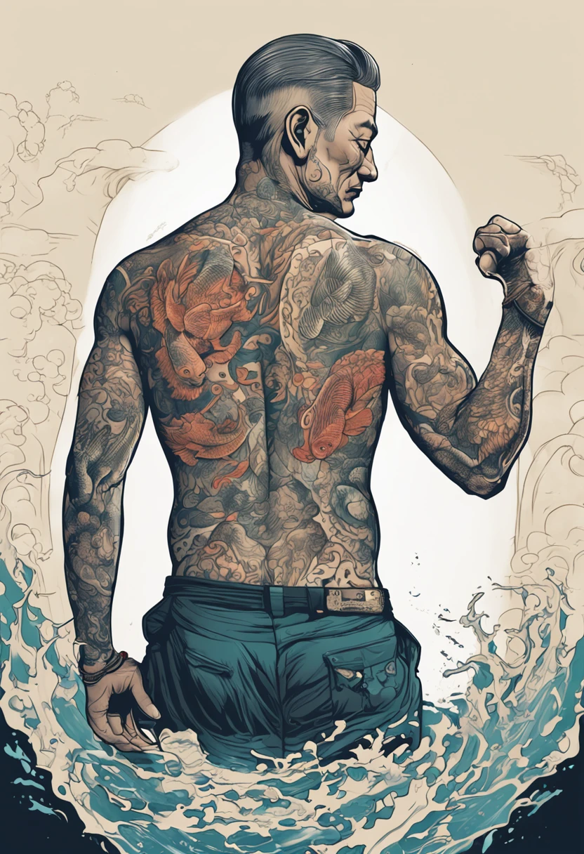 (masutepiece:1.3), ccurate, (Super Detail, high details, top-quality), Best Quality,( hight resolution, 8K),(Man with big carp tattoo all over his back: 2), nffsw, A detailed face,Detailed legs,Upper body naked,posterior view,aureole,Mafioso,fundoshi:1.2,short-haired、Arms crossed、Fish carp、Yakuza Movies
