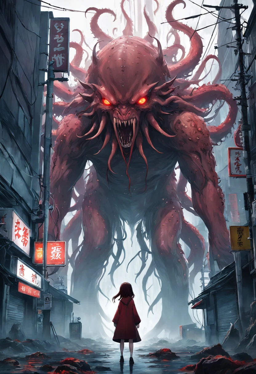 Best quality, Masterpiece, Ultra-high resolution, Super huge and ferocious monster（Sea shrimp），Hidden in a thick fog in Cthulhu style，Realisticstyle，Terrifying atmosphere，Bloody red eyes, Broken streets, Broken cities, The ground is covered with gravel, Billboard for broken octopus carcasses, Japan Invaders, Tokyo Landmarks，Desperate doomsday，8K, A cinematic scene, From a top-down perspective (light and shadow effect),(Depth of field effect),(Tyndall),(Light particle tracking),(CG),(Horror movie lighting visuals),(voluminetric lighting),(Bright colors)