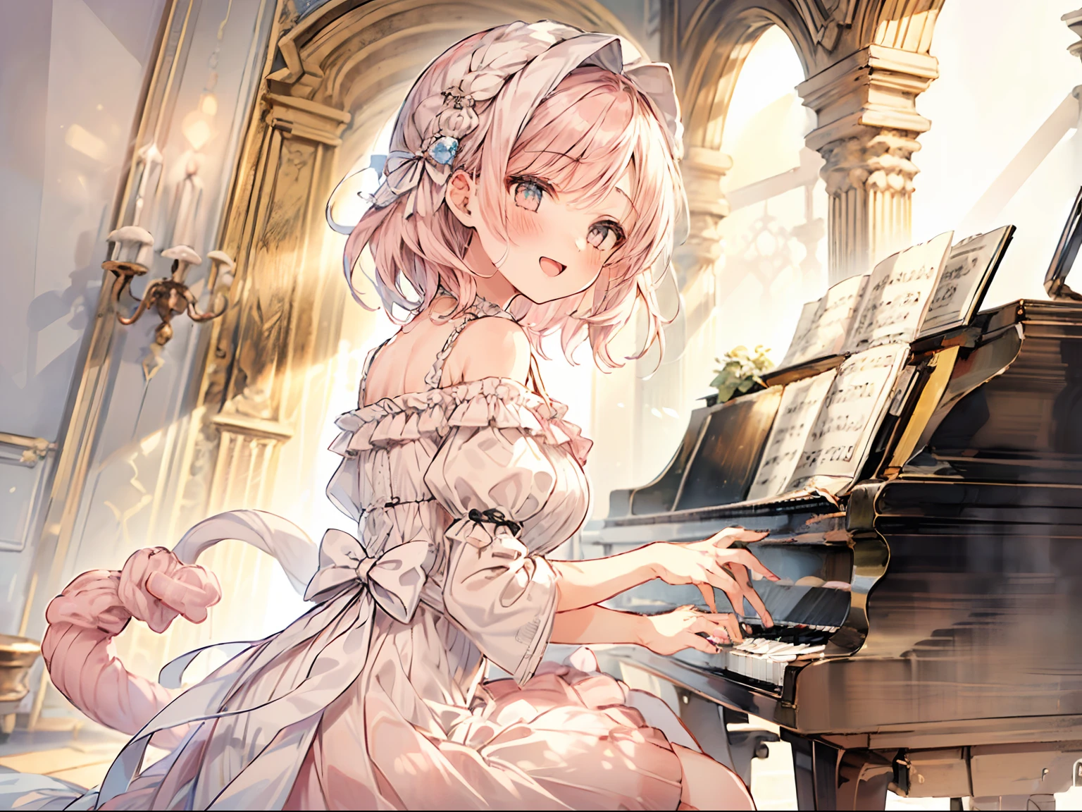 (short-cut:1.6) Sleek ginger hair, Best Quality, masutepiece, absurderes, hight resolution, (pastel color:1.5), (Soft colors:1.2), Fractal Art, BREAK (1girl:2), (Light pink:1.5), (happy smail:1.2), (Ruffled chiffon dresses:1.4), peaceful, best hand, BREAK white snake, (playing piano:1.4), sitting, white chair, white grand piano, (singing a song:1.4)