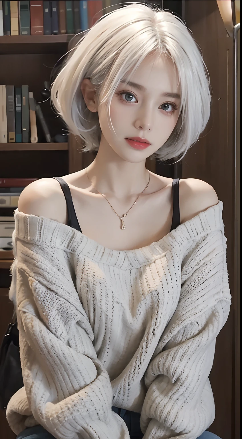 Medium Shot Shot, A beautiful woman looks at the camera, White hair, Chris Foss autumn off-the-shoulder sweater
