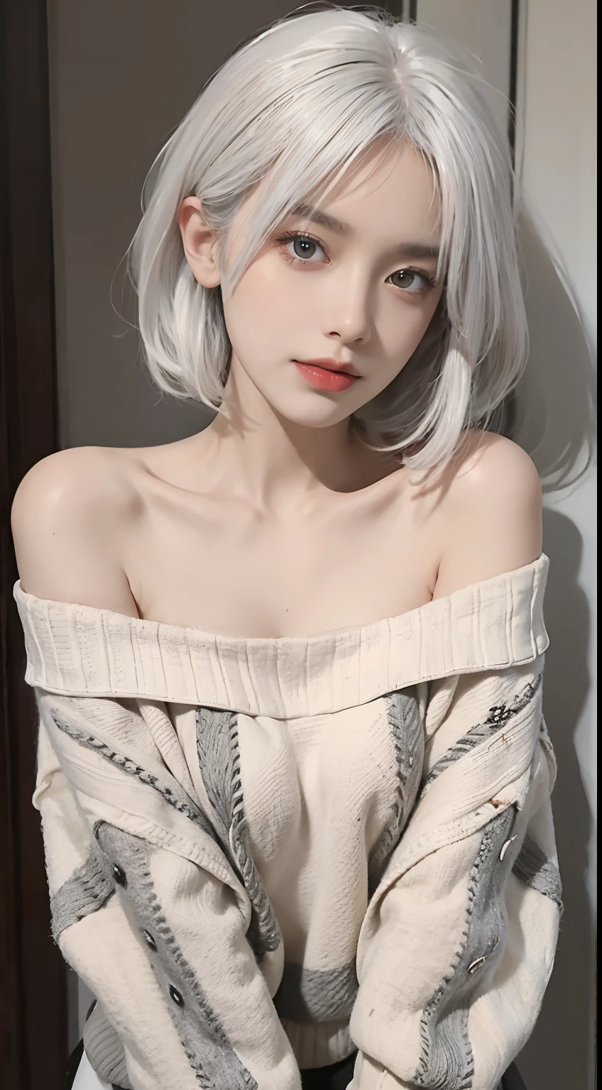 ((Cinematic Light, Best Quality, 8K, Masterpiece :1.3)), 1girl, pretty woman with slender abs :1.4, (Ted white hair, small breasts :1.3), pink shorts, white sweater, bare shoulders, flowers, flowers, seductive open lips, sofa, ultra-detailed face, detailed eyes, double eyelids