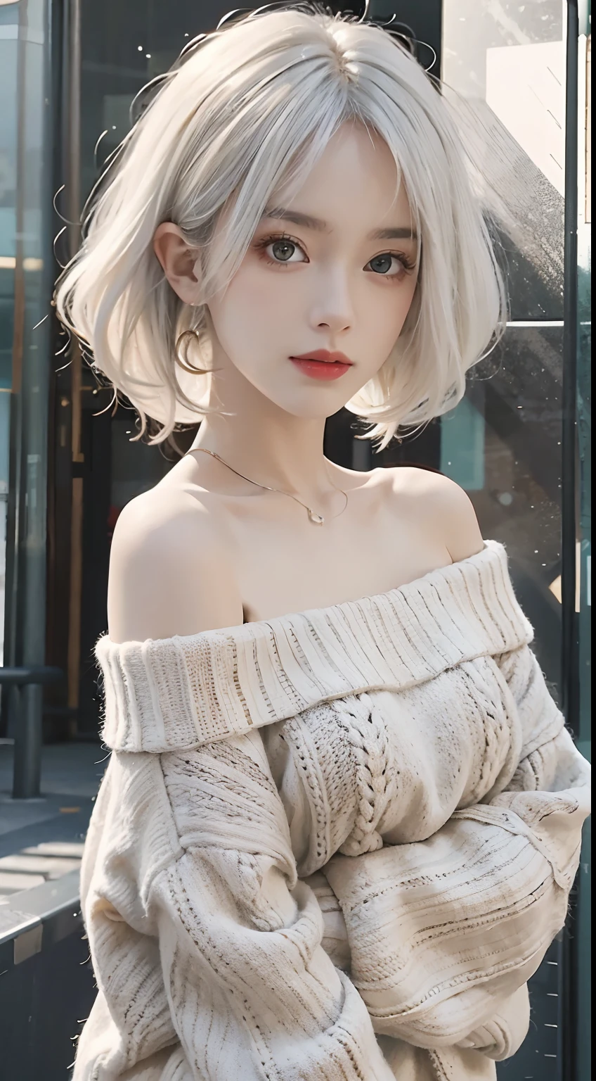Medium Shot Shot, A beautiful woman looks at the camera, White hair, Chris Foss autumn off-the-shoulder sweater
