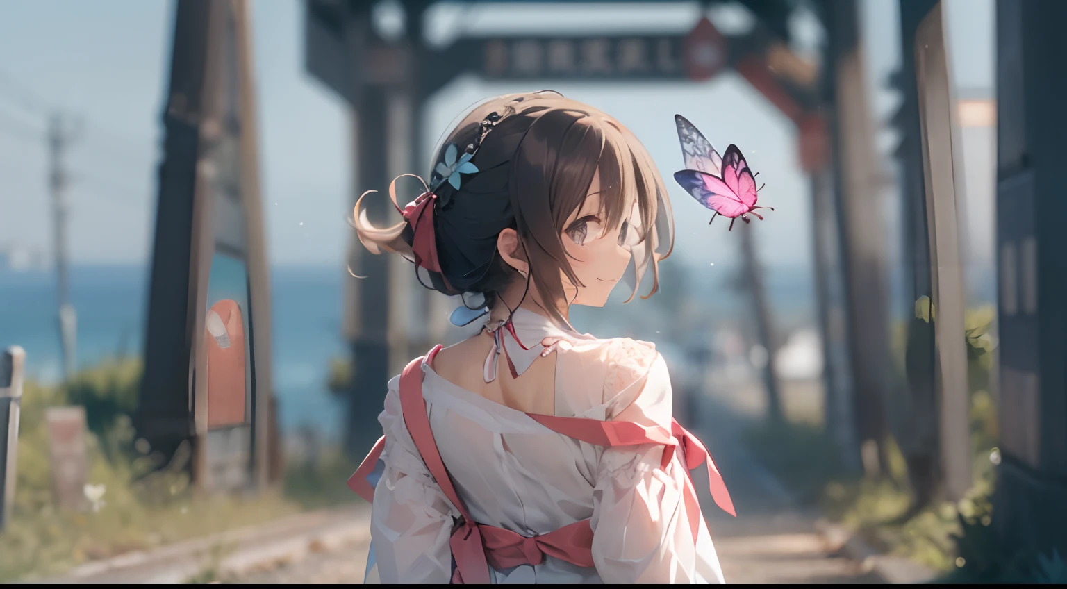 morning、Girl walking on a road parallel to the railroad tracks、You can see the sea in the background, I see the train、( hair adornments、耳Nipple Ring、Floral hair ornament、butterfly hair ornament)、 Fuji Film, F/4.0, masutepiece, Anatomically correct、A smile, radiant light、Shinkai Makoto style