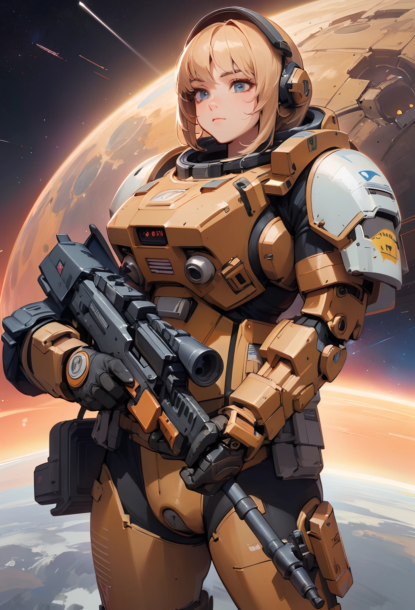(Artwork of exceptional craftsmanship),(Detailed illustrations,(Very ideal anatomy),Very detailed and detailed drawing,Delicate lines with slow and rapid,(Realistic texture expression)),[Color tressed main line],(Space Battlefield [Space Mobile Fortress]),[独奏],HENTAI (((ANIME) BIONICGirl) Beauty 15 years old ((well-muscled) [plump])) (Astronauts Cyborg) [Space Marine Corps Military [MASCHINEBODY]],Bullet Belt Javelin [[Firearms, Machine Guns, Bazookas] Saber Rifle ][[Rocket Pack]],Zero Gravity Front,gravure [[White Devil] [Outer space combat]] Battle Damage,[retro-futuristic],(Fine and beautiful skin expression [Transparency]),(Beautiful perfect face [Realistic face details:0.8]),[[Perfect eye details [Eyes beautifully drawn down to the smallest detail]]],[Fine hair details],(Perfect hand details),(Perfectly proportioned:1.2),([Advanced structural understanding of materials],Ideal color coordination),([Precision Detail],HighQuality,hight resolution),[(Accurate simulation of light-material interactions),Mechanically correct representation,Perfect Anatomy],[Graffiti art with a sense of narrative].