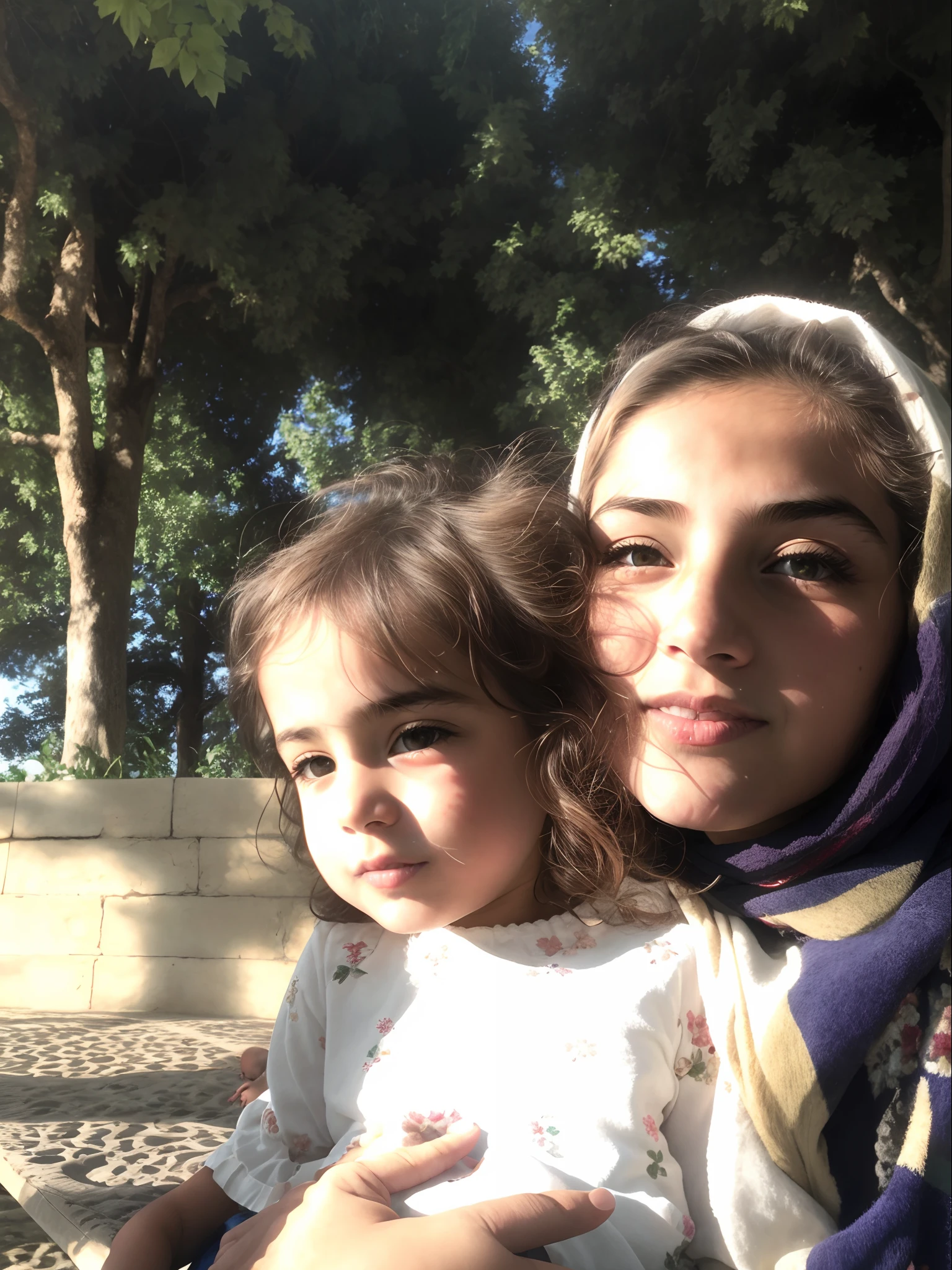 there is a woman and a child sitting on a bench, beautiful iranian woman