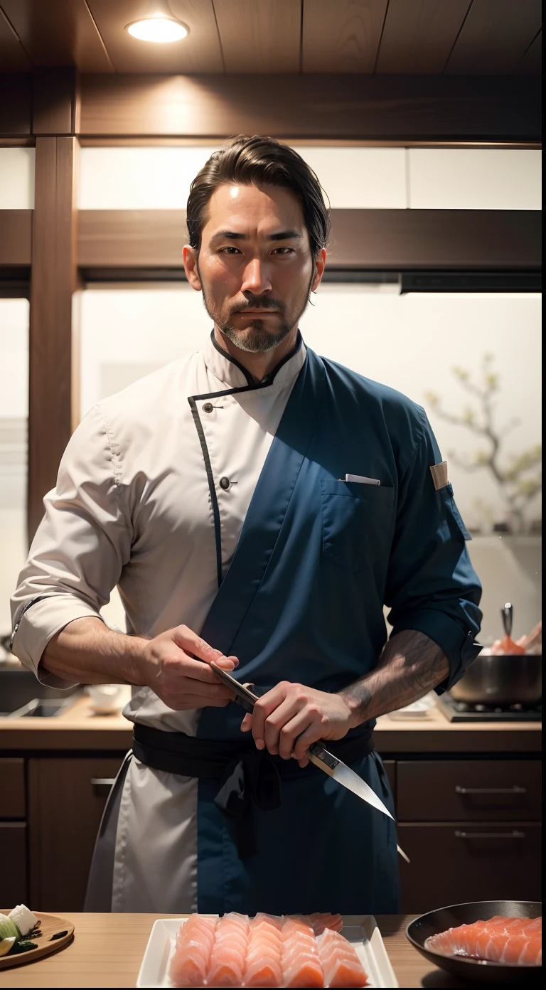 Male 38 years old, Ultra-realistic variations, Background Japan kitchen，He held the Japanese sword intently，Stand in front of the table and cut raw fish with a knife，Japanese chef costume blue，lbeard，mature，Frontal photo，full bodyesbian，Japanese sake is an ornament in the back