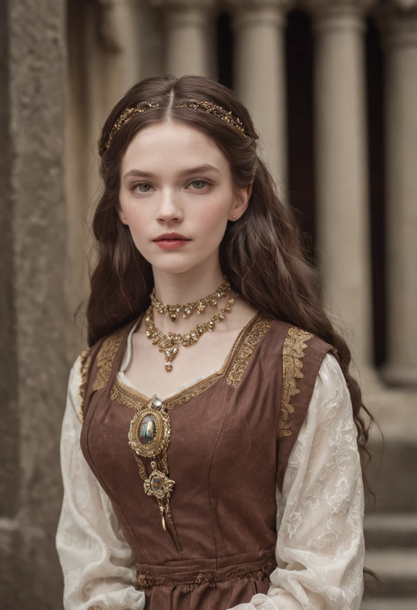 European and American court jewelry necklace, Medieval vintage fashion, HD 9:16 long-haired girls, deep dark background。