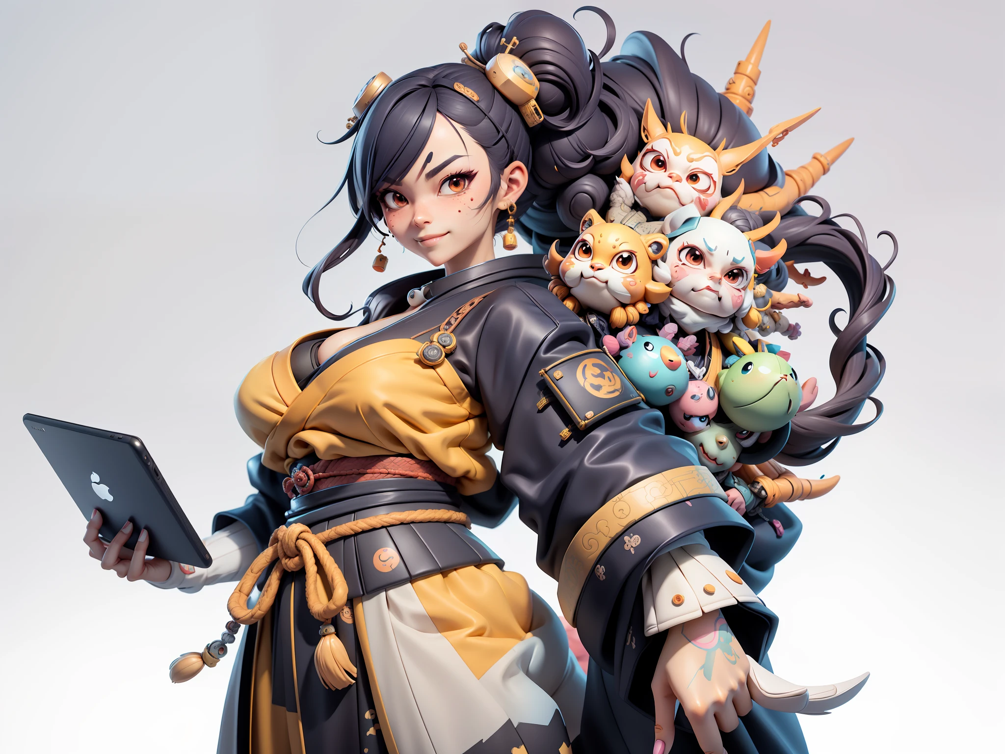 (Daisaku),(Need),(Super meticulous),(full bodyesbian:1.2),Japanese ukiyo-e girl,japanese geisha,Beautiful,Oriental dragon,Aeolian Thor,Raised sexy,爆乳,Oriental face,TV Anchor,Bust portrait illustration,Alone,In black suit,a blue tie,The face is slightly chubby,The face was clean,without a beard,Black super short hair,Black eyes,Smile confidently,3C computer sub-products,iPad, iphone,Digital painting,3D character design by Mark Clairen and Pixar and Hayao Miyazaki and Akira Toriyama,The illustration is a high-definition illustration in 4K resolution,With very detailed facial features and cartoon-style visuals。