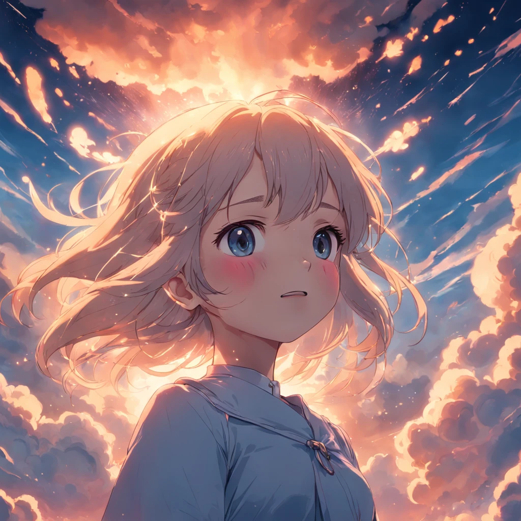 masterpiece, best quality, movie still, 1girl, cloud girl, floating in the sky, close-up, bright, happy, warm soft lighting, sunset, (sparks:0.7)