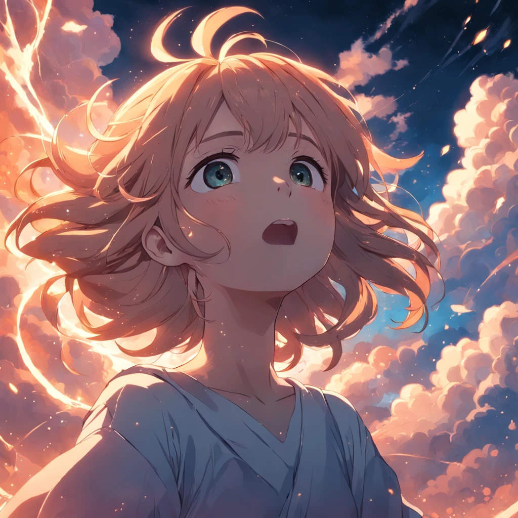 masterpiece, best quality, movie still, 1girl, cloud girl, floating in the sky, close-up, bright, happy, warm soft lighting, sunset, (sparks:0.7)