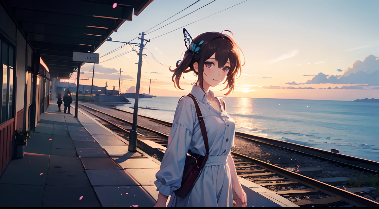morning、Girl walking on a road parallel to the railroad tracks、You can see the sea in the background, I see the train、( hair adornments、耳Nipple Ring、Floral hair ornament、butterfly hair ornament)、 Fuji Film, F/4.0, masutepiece, Anatomically correct、A smile, radiant light、Shinkai Makoto style