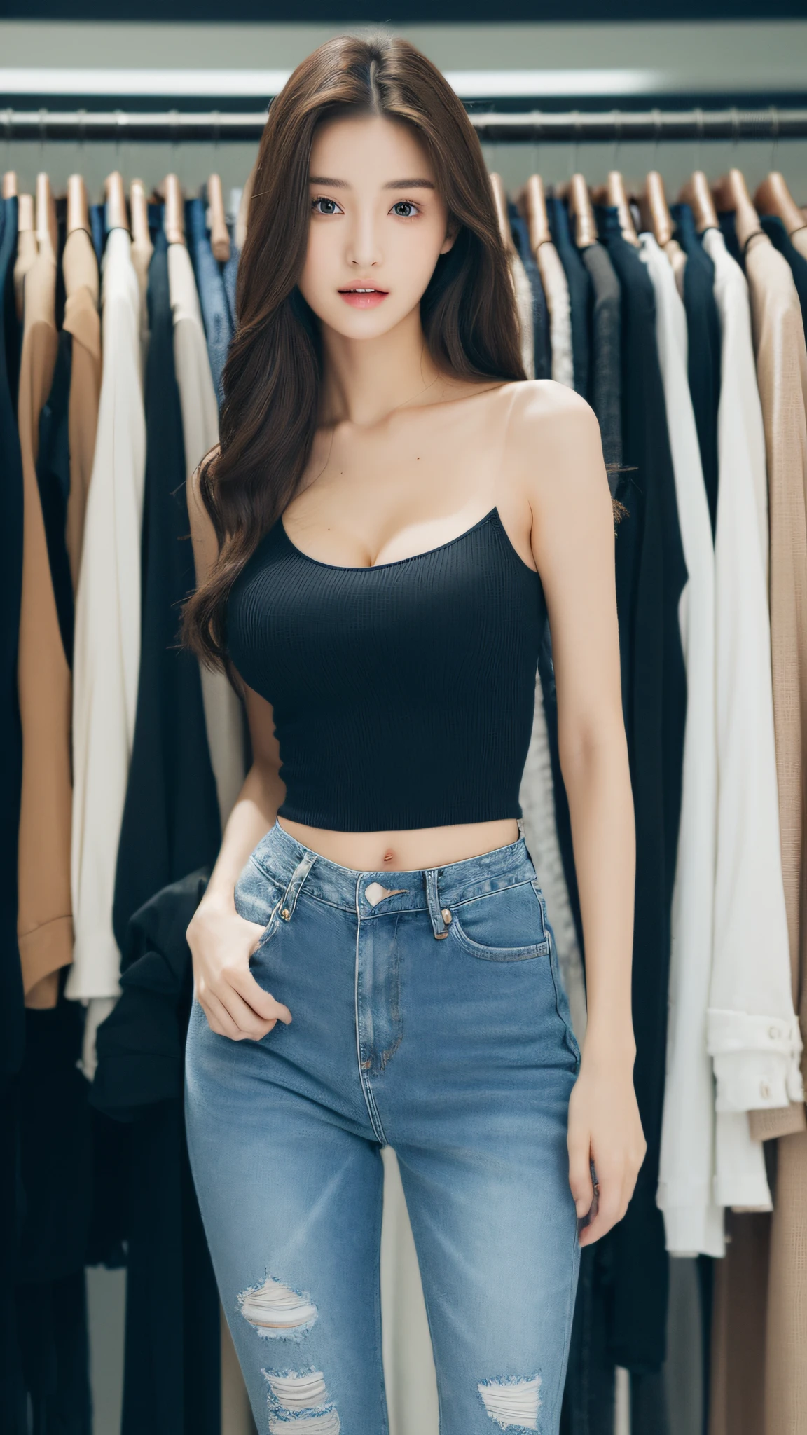(realistic, high resolution:1.3), (1 girl with perfect figure:1.5), super fine face and eyes, long hair, (tube top: 1.2) in random colors, ripped jeans, in a clothing shop, standing next to the clothes rack, exposed cleavage