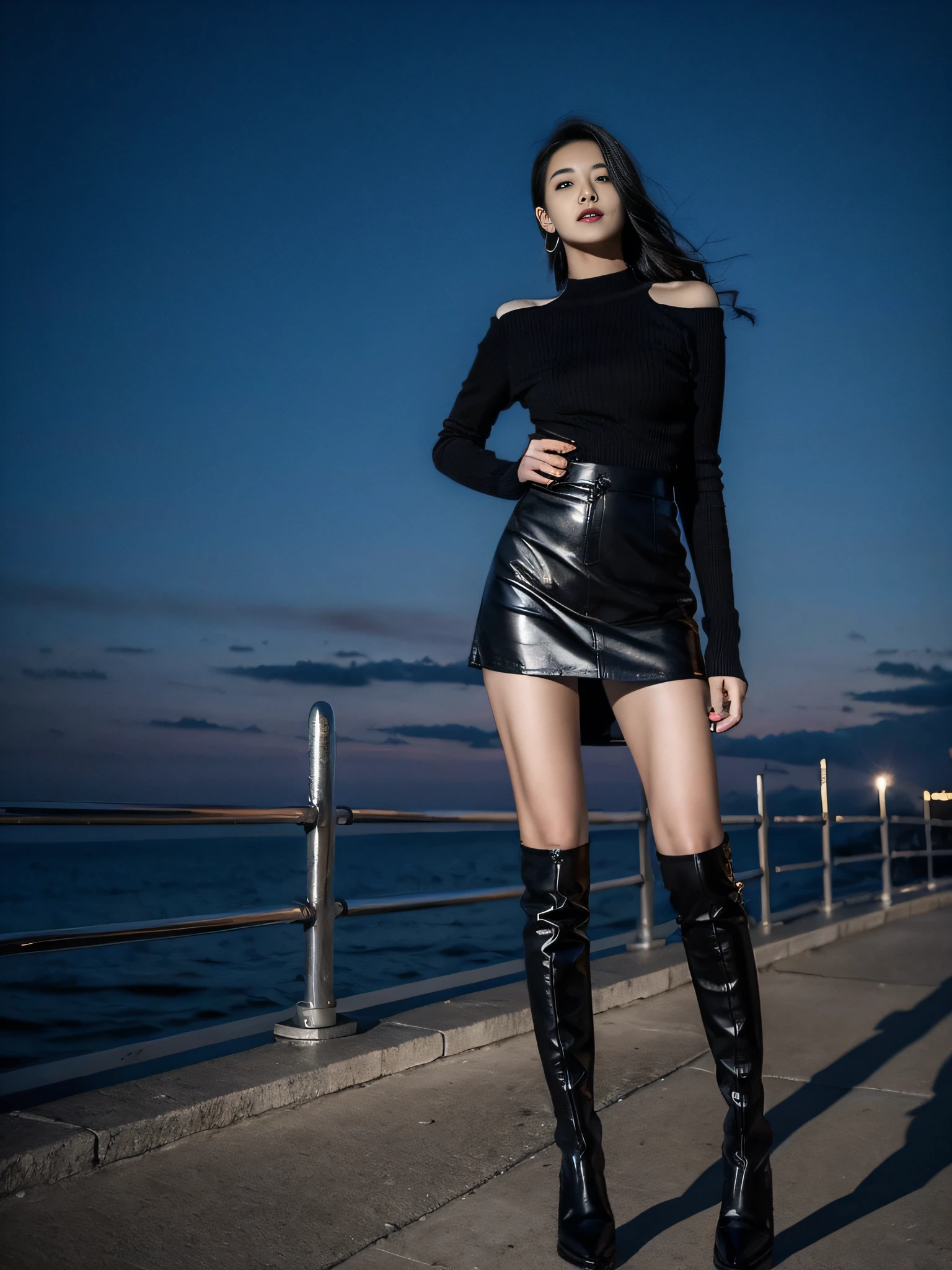 1girl,solo,a skirt,boots,black color hair,long whitr hair,Over-the-knee boots,Skysky,shinning clothes,the night,Black shoes,looking at viewert,hason,无袖,a black skirt,leathers,of shoulders