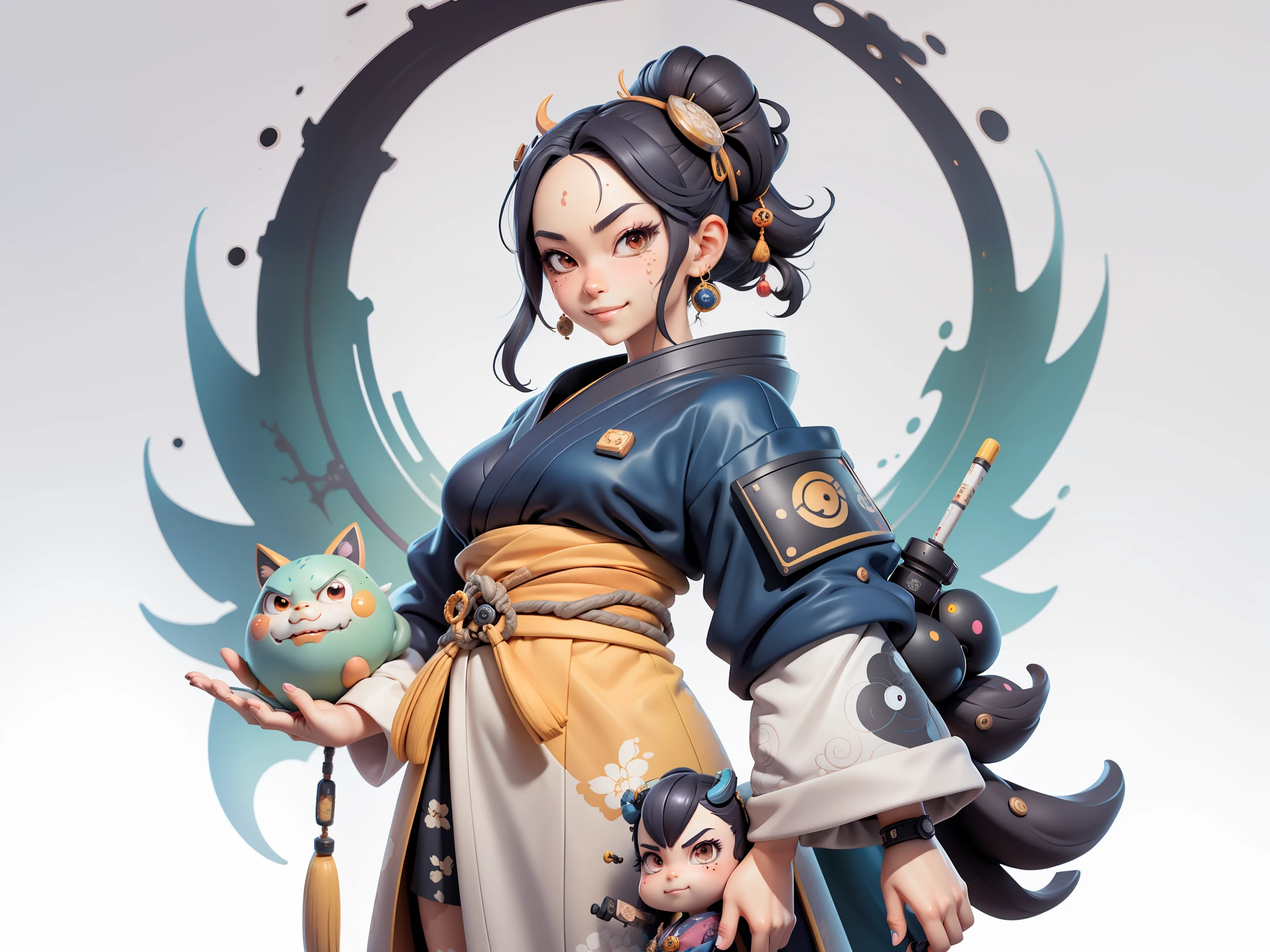 (Daisaku),(Need),(Super meticulous),(full bodyesbian:1.2),Japanese ukiyo-e girl，japanese geisha，Beautiful，Oriental dragon，Aeolian Thor，Raised sexy，爆乳，Oriental face，TV Anchor，Bust portrait illustration，Alone，In black suit，a blue tie，The face is slightly chubby，The face was clean，without a beard，Black super short hair，Black eyes，Smile confidently，3C computer sub-products，iPad， iphone，Digital painting，3D character design by Mark Clairen and Pixar and Hayao Miyazaki and Akira Toriyama，The illustration is a high-definition illustration in 4K resolution，With very detailed facial features and cartoon-style visuals。