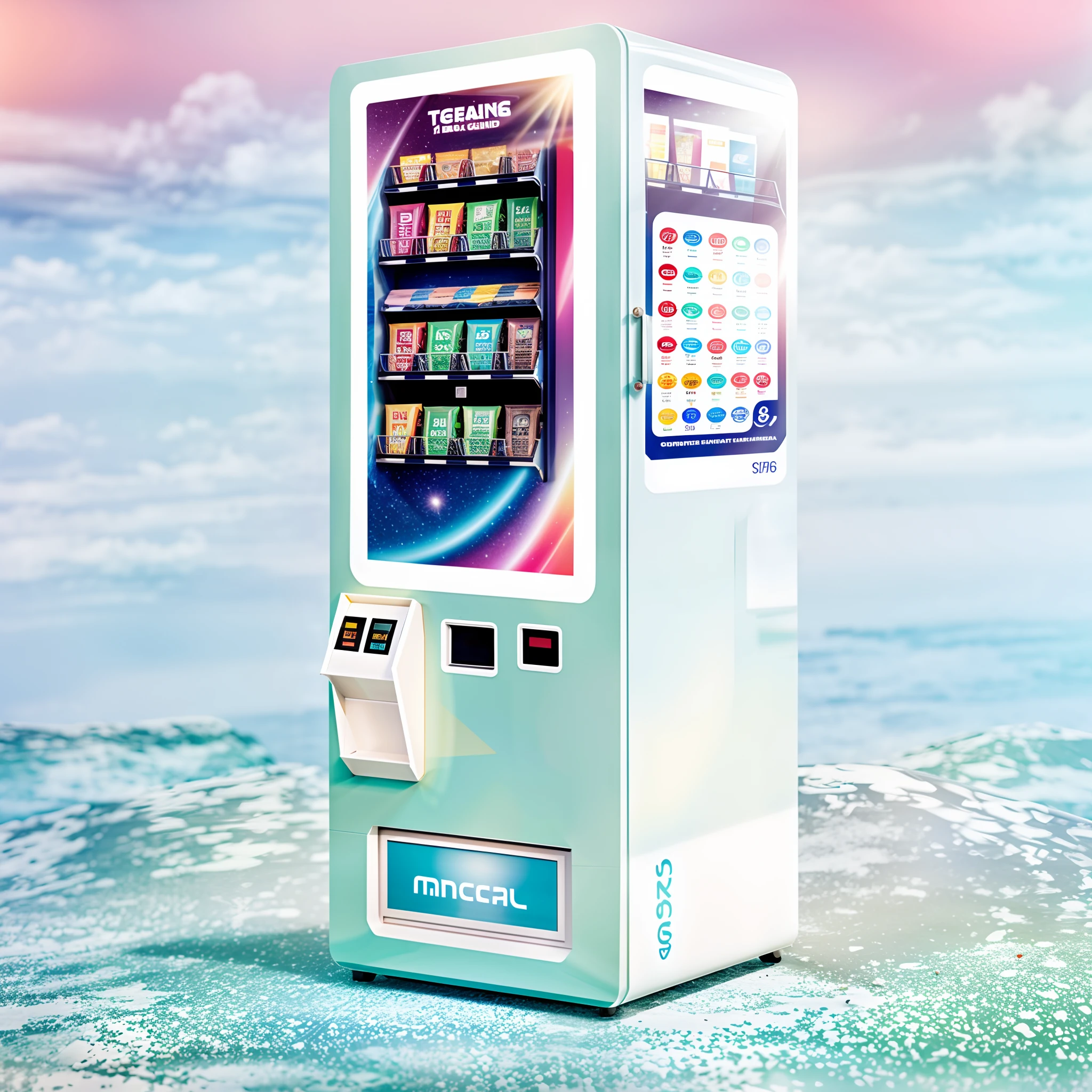 Postcard vending machines， The big black screen in the middle is the monitor，high end，Vending machine in pastel style，The color match is clean