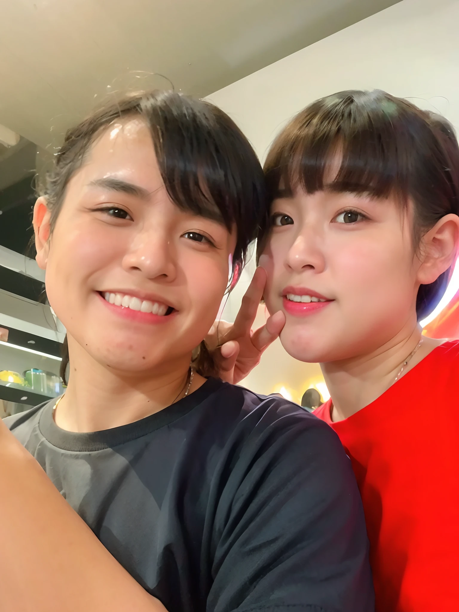 three people standing in a store holding up their cell phones, by Kanbun Master, captured on iphone, customer, octa 8k, with apple, 😭 🤮 💕 🎀, postprocessed), ruan cute vtuber, stephen lau and artgerm, smartphone photography, customers, captured on canon eos r 6, 🤬 🤮 💕 🎀, facebook post
