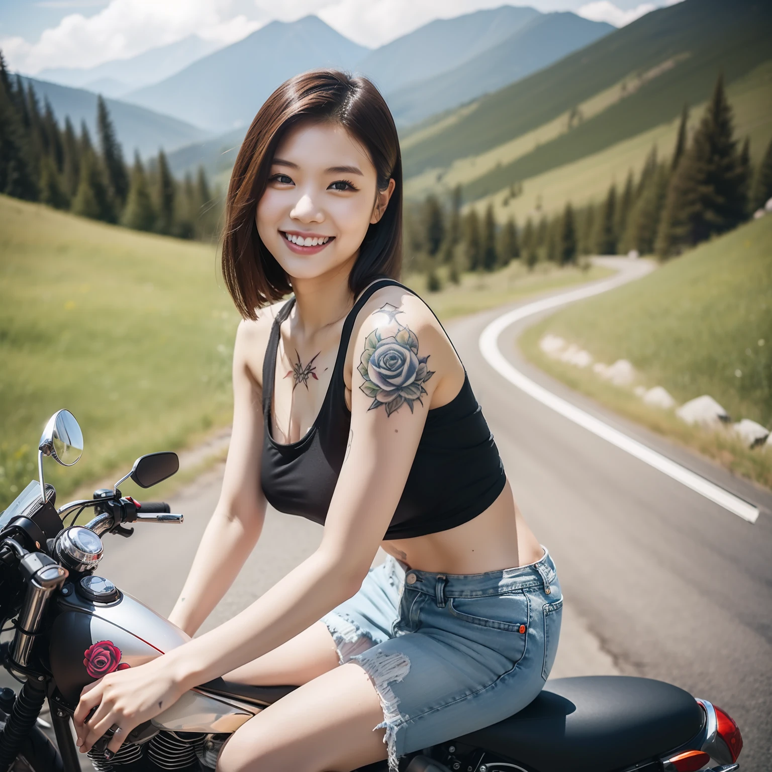 A young Taiwanese woman,Black tank top,Denim shorts,There are rose tattoos on the arms,Stand next to the motorcycle,smile,Sunny weather,Mountain road,