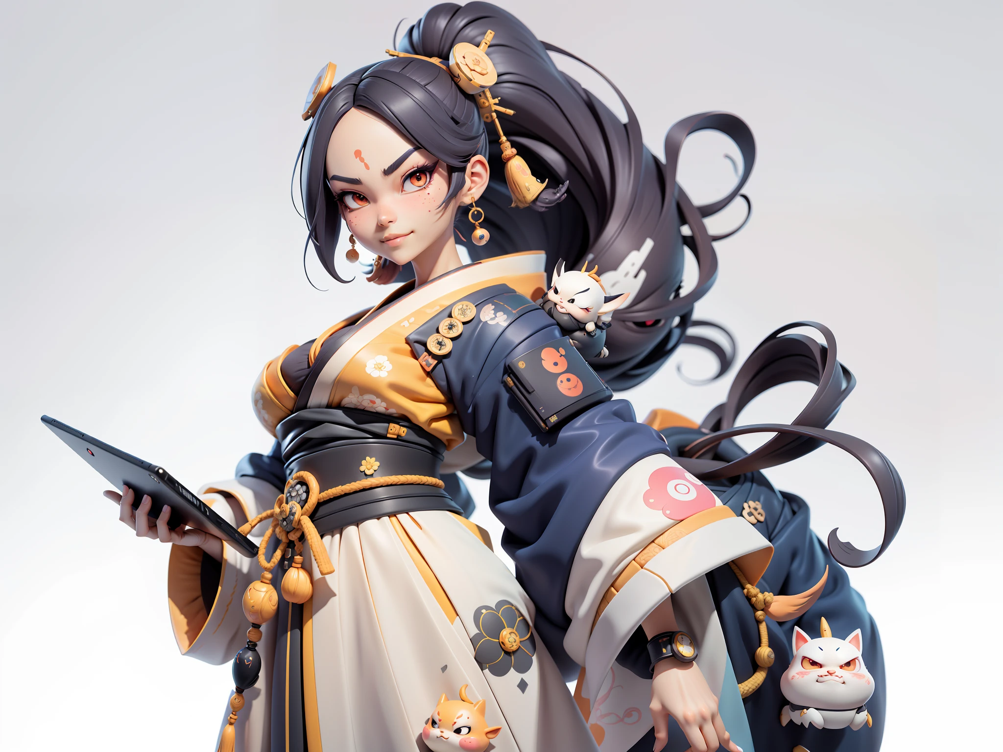 (Daisaku),(Need),(Super meticulous),(full bodyesbian:1.2),Japanese ukiyo-e girl,japanese geisha,Beautiful,Oriental dragon,Aeolian Thor,Raised sexy,爆乳,Oriental face,TV Anchor,Bust portrait illustration,Alone,In black suit,a blue tie,The face is slightly chubby,The face was clean,without a beard,Black super short hair,Black eyes,Smile confidently,3C computer sub-products,iPad, iphone,Digital painting,3D character design by Mark Clairen and Pixar and Hayao Miyazaki and Akira Toriyama,The illustration is a high-definition illustration in 4K resolution,With very detailed facial features and cartoon-style visuals。