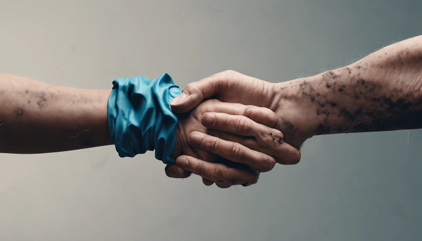 hiper-realista, An image of a continuous hand, representando a amizade, with a shadow or crack that reveals something dark or toxic inside the secondary hand. This symbolizes the idea of fake friends hiding toxic behaviors behind a friendly façade. If possible, You can add icons representative of toxic behaviors, like a mask, uma seta apontando para as costas, a hand holding a knife, etc., ao redor da imagem principal para enfatizar os diferentes comportamentos.