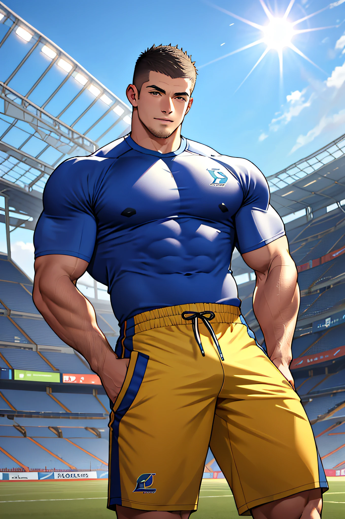 Draw a full-fledged athlete，Stand on the central field of the gym，He wears high-end sportswear，The man looks confident and determined，rays of sunshine，cheerful big breasts，Handsome，Crew cut，full bodyesbian，shooting from below，