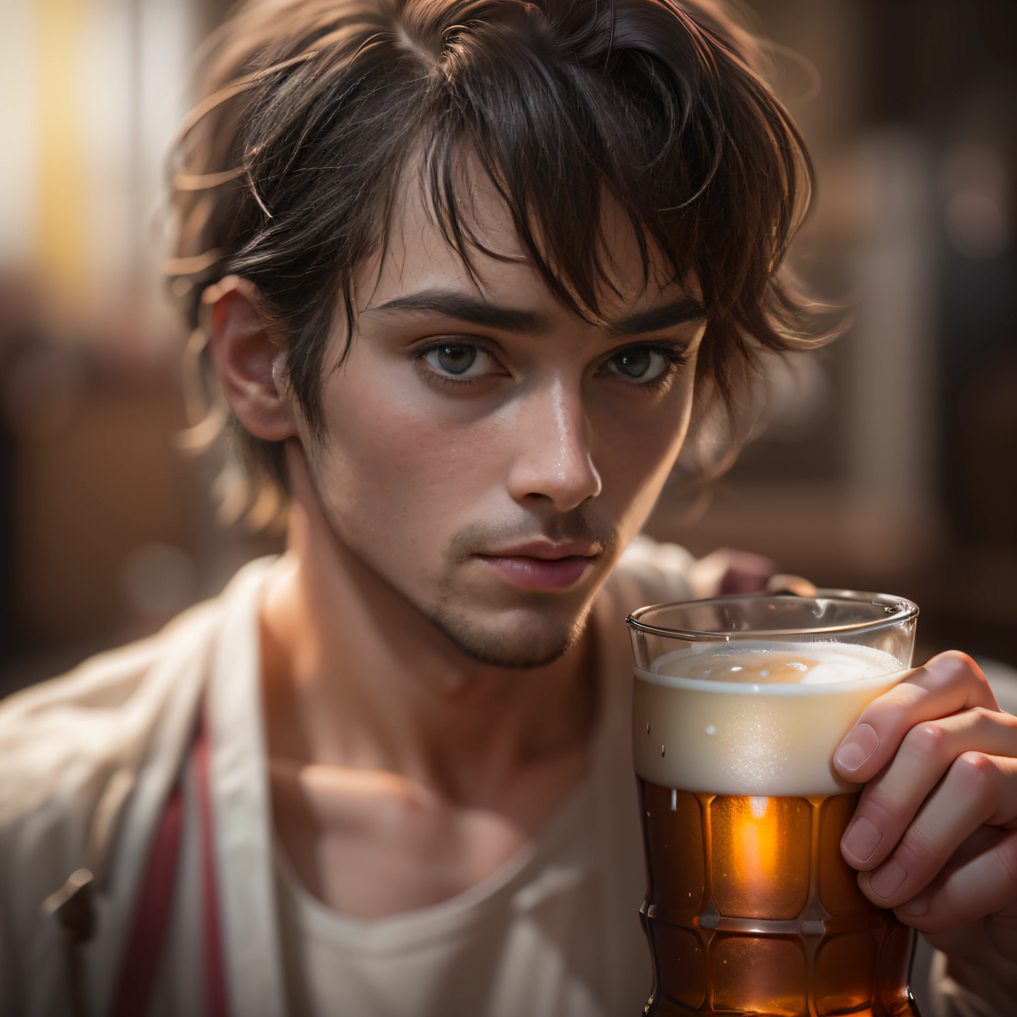 (Valency:1.5), , Holding a draft beer in your hand、​masterpiece, top-quality, Raw foto, Photorealsitic, faces, unbelievable Ridiculous, beautiful man, After the bath、cute little, shorth hair, depth of fields, hight resolution, ultra-detailliert, detaile, ighly detailed, extremely detailed eye and face, Sharp pupils, Realistic pupils, foco nítido, Cinematic lighting