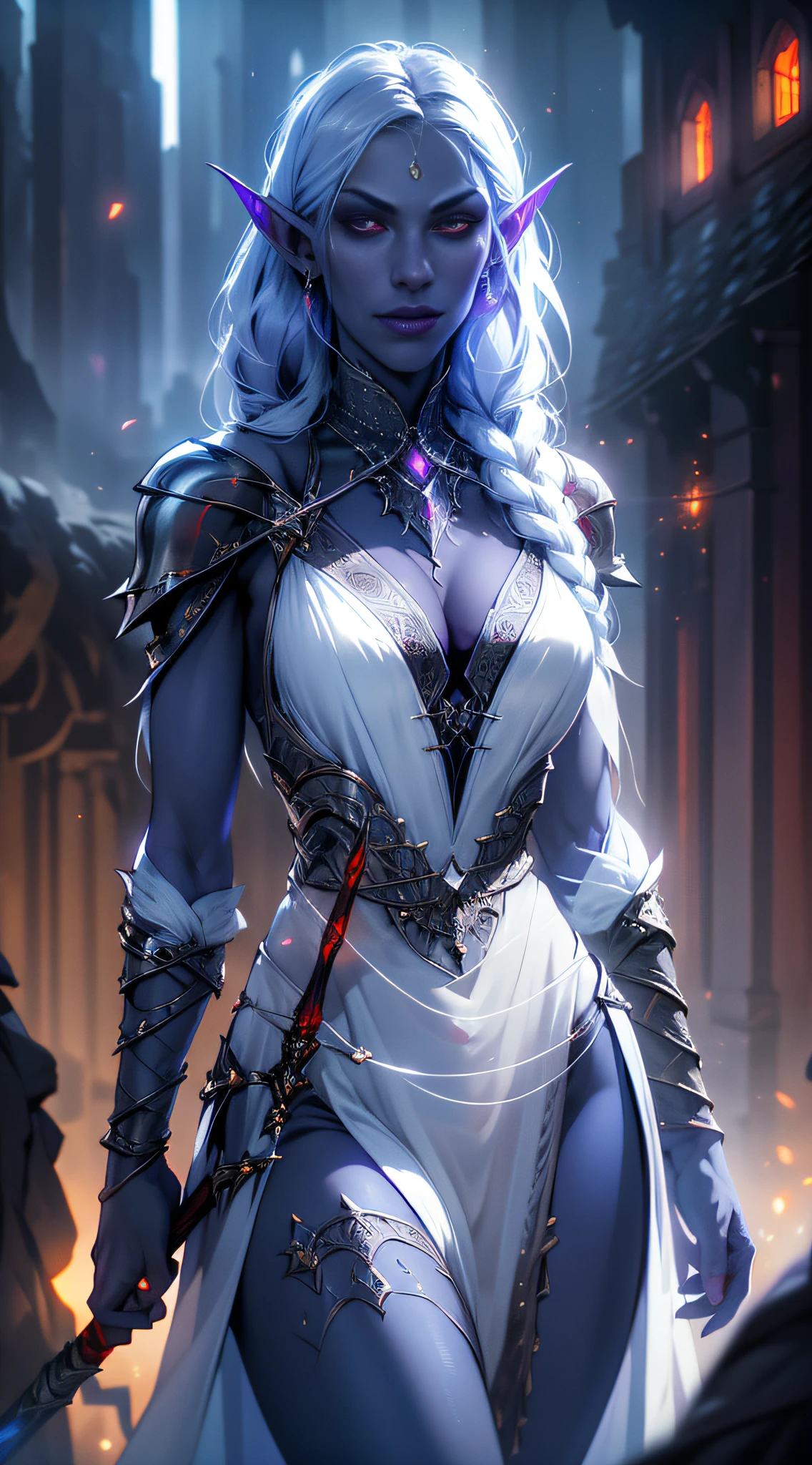1girl, sexy drow, purple-blue skin, pale silver long elaborate braids, ((red eyes)), jewels, elf ears, earrings, ((white sorceress sexy dress)), ((wields staff)), ((cast light magic)), on a roof of scyscraper, athletic, volumetric lighting, best quality, masterpiece, realistic, anatomically correct, (strong cinematic lighting), stunning details, intricate details, 8k post-production, High resolution, super details, trending on ArtStation, sharp focus, depth of field f/1.8, studio photos, (((looking at camera)))
