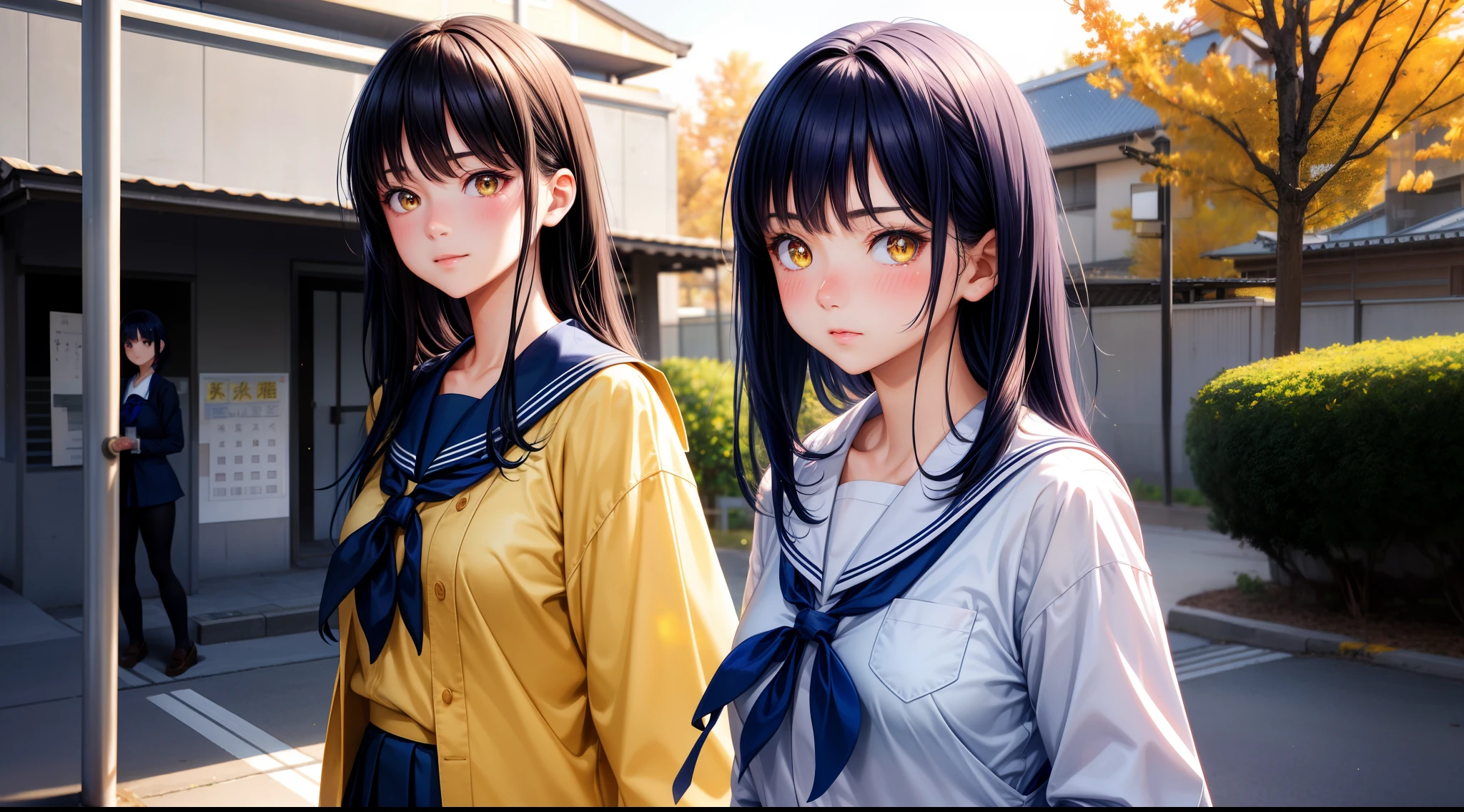 focused upper body, realistic, 1girl, dark blue hair, sparkling yellow eyes, blush, morning, walking at the schoolh, sunlight, (wearing japanese school uniform)