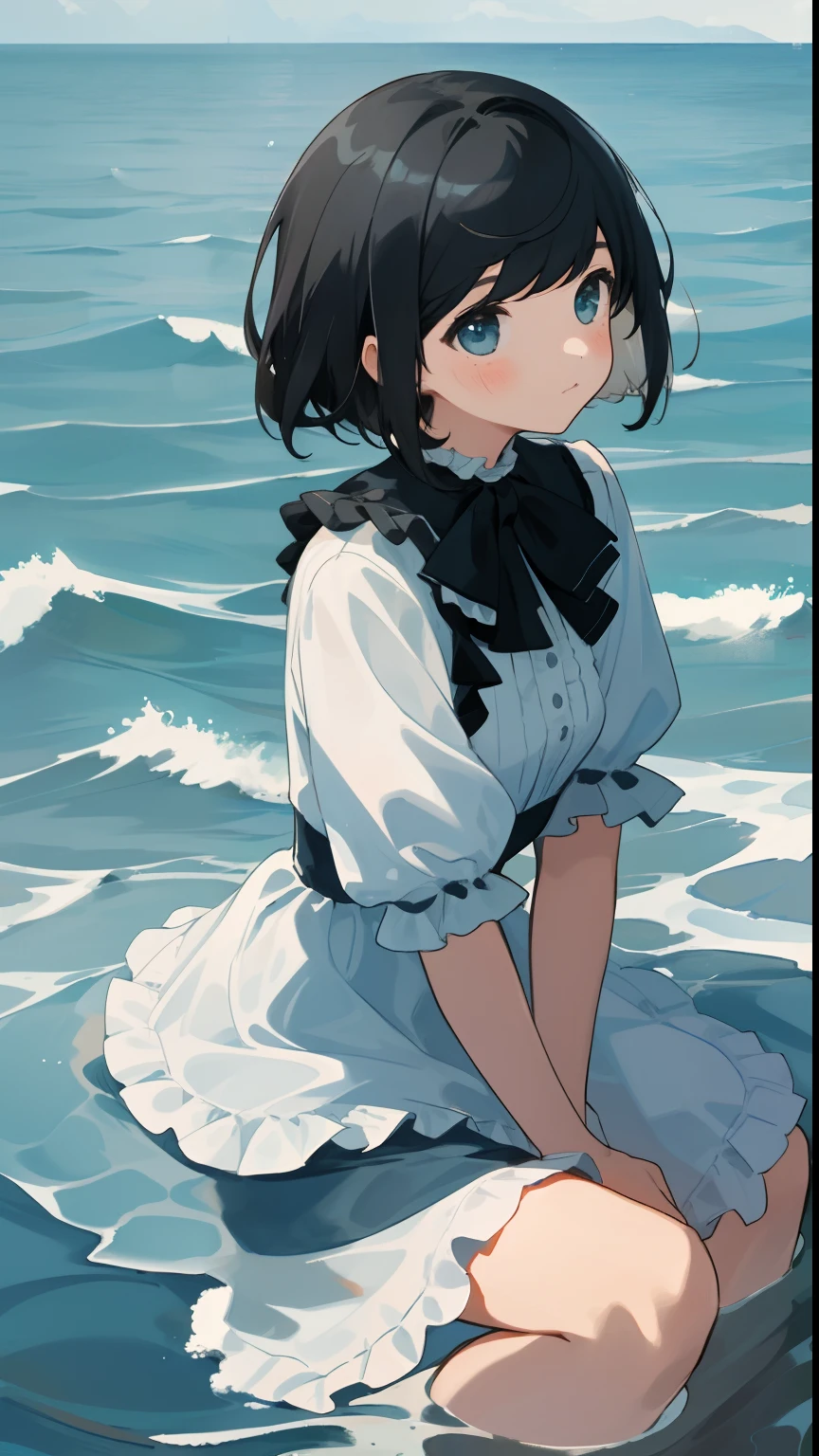 masterpiece, best quality, 1girl, upper body, sitting, swept bangs, short hair, , black hair, dress, frills, outdoors, horizon, sky, ocean, water, water world, waves, ripples, ,