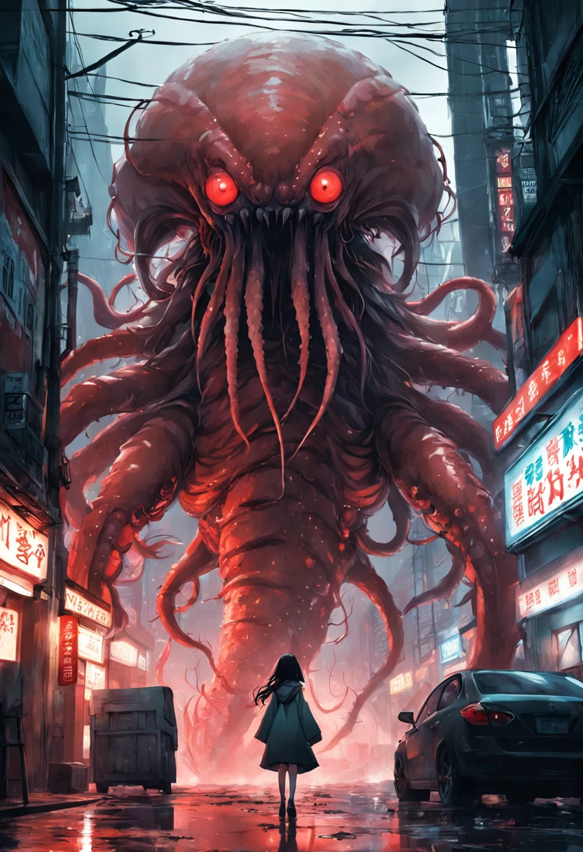 Best quality, Masterpiece, Ultra-high resolution, Super huge and ferocious monsters(Marine shrimp),Hidden in a thick fog in Cthulhu style,Realisticstyle,Terrifying atmosphere,Bloody red eyes, Broken streets, Broken cities, The ground is covered with gravel, Billboard for broken octopus carcasses, Japan Invaders, Tokyo landmark building,Desperate doomsday,8K, A cinematic scene, From a top-down perspective (light and shadow effect),(Depth of field effect),(Tyndall),(Light particle tracking),(CG),(Horror movie lighting visuals),(voluminetric lighting),(Bright colors)