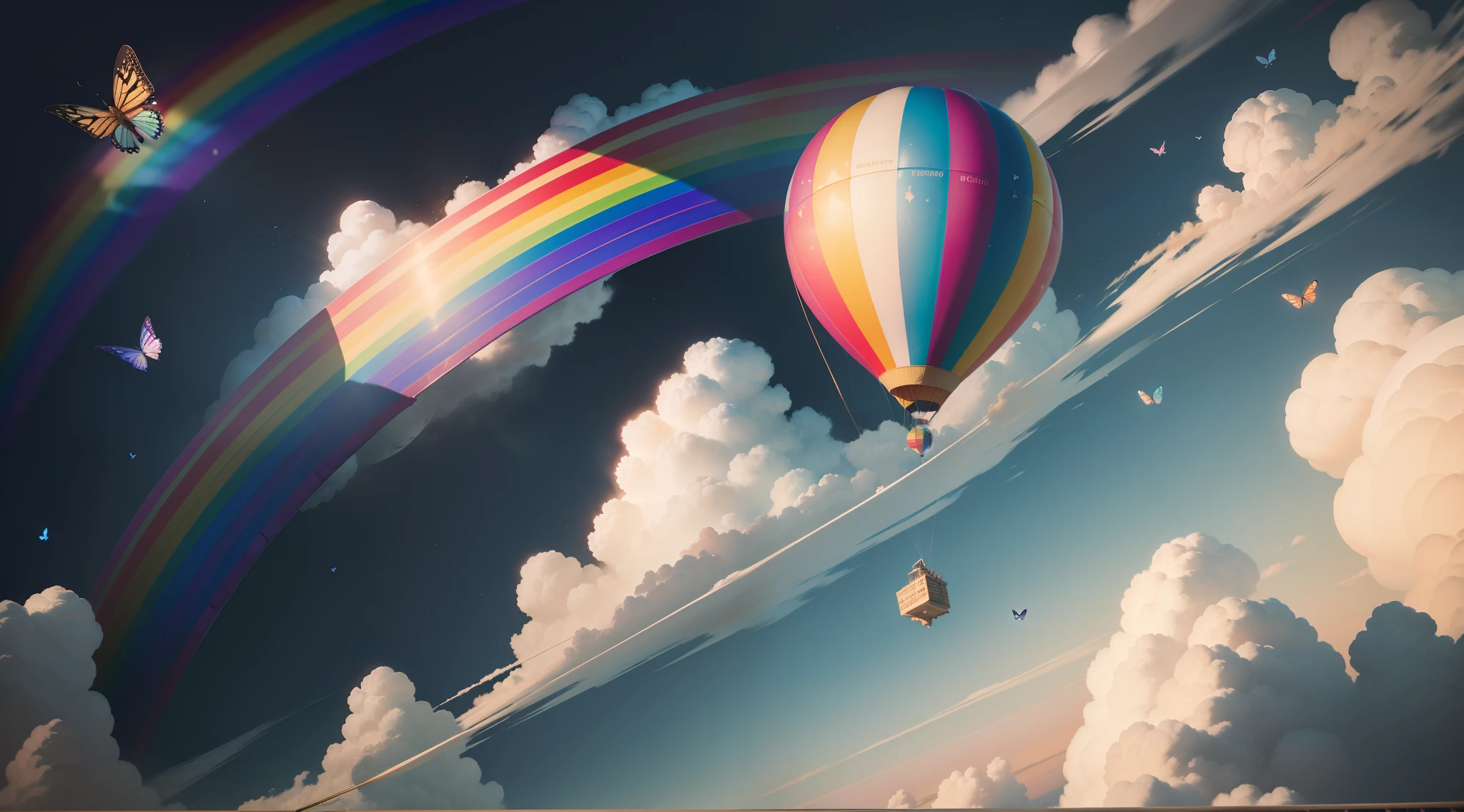 In the skies of a magical city,The sky is full of white clouds,Painted birds and butterflies fly,There is a huge rainbow brush,In the distance, A giant hot air balloon pulls a dream car in the sky,A little boy stands on a flying brush,A flying car