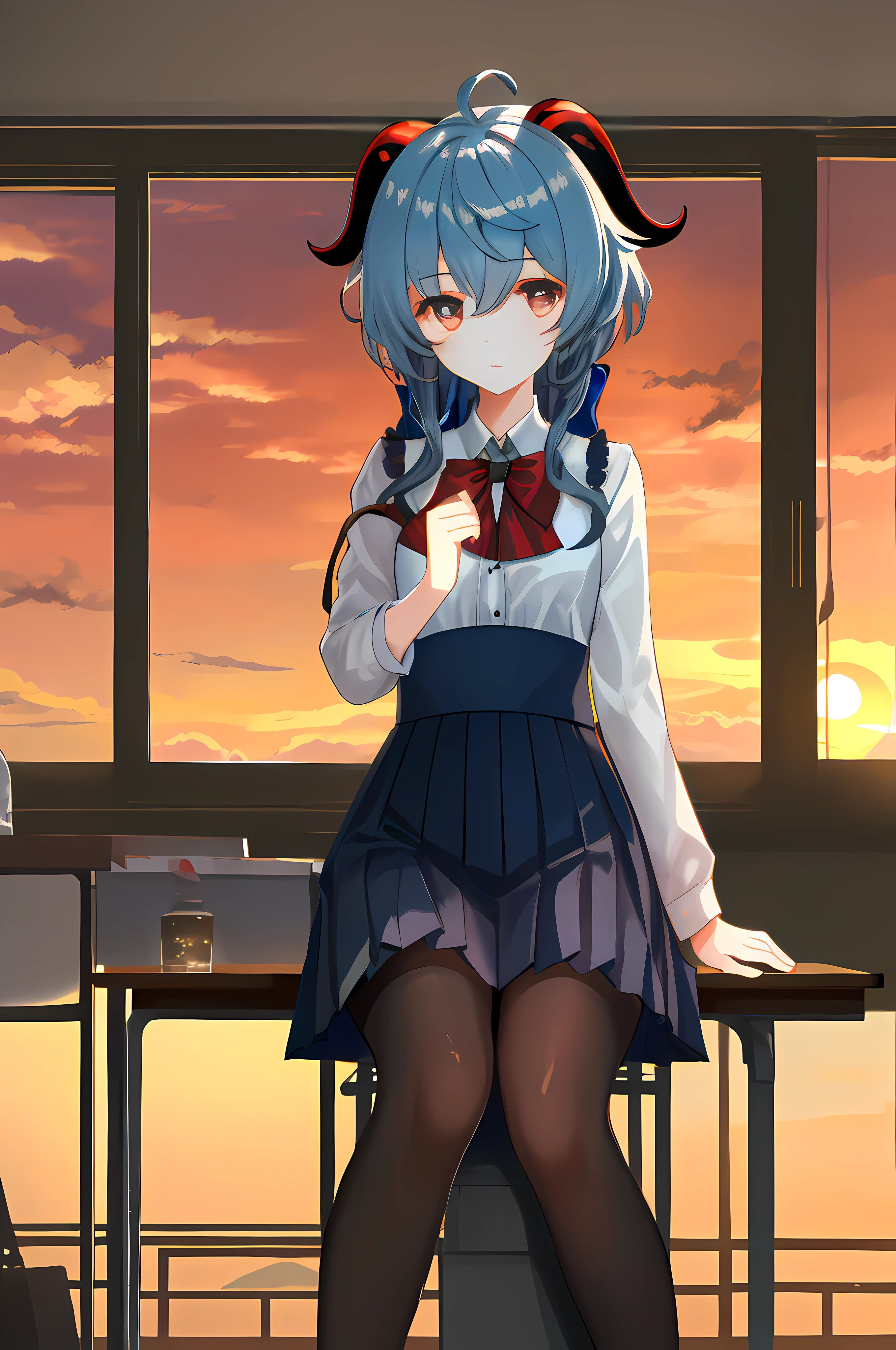 sittinng on the desk,Wear a neat pleated skirt,in class room,at dusk at golden hour,ganyurnd,Exquisite details,The setting sun shines obliquely。