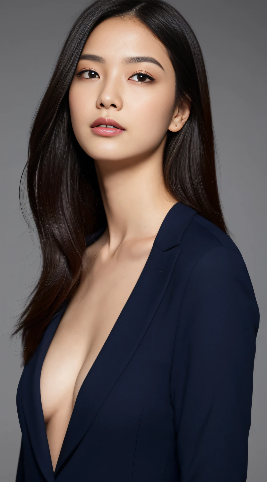(Top Quality, 16k, Masterpiece: 1.3)), Slender Beauty 1 Person: 1.5, (C Cup Breasts: 1.1, Slender Abs: 1.2), (Black Straight Long Hair), (Ultra Detailed Face and Skin Texture, Ultra Detailed Eyes, Double Eyelids, Ultra Detailed Eyes), (Sharp Focus: 1.2), Dark Blue Suit, Back ground is President's Office, facing camera