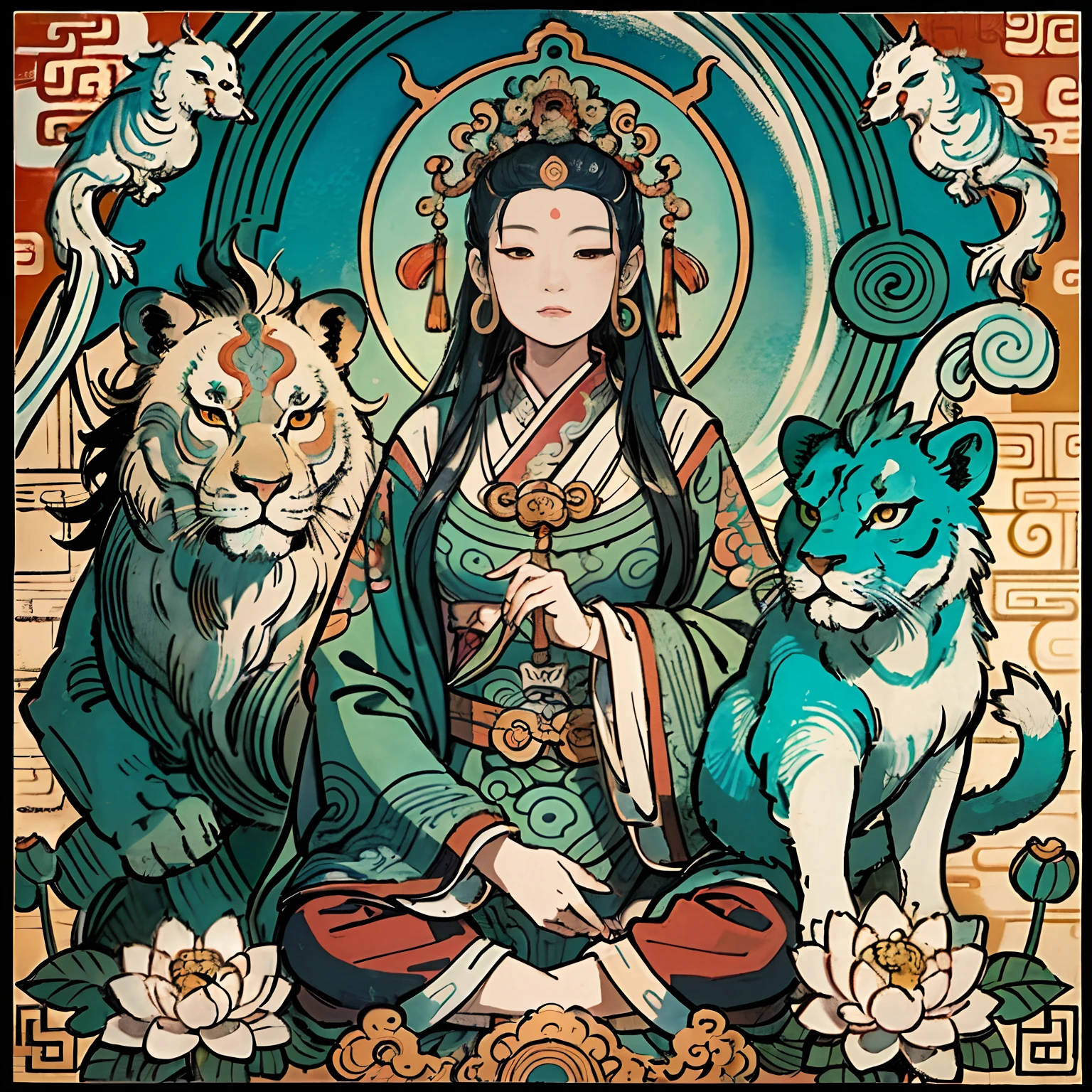 an ancient Chinese goddess, guanyin of the southern seas, Guanyin, Inspired by India, Avalokiteshvara rides a lion，,Serene expression,shui mo hua,Buddha,Buddhist,Lotus,Chinese painting style,Thangka style