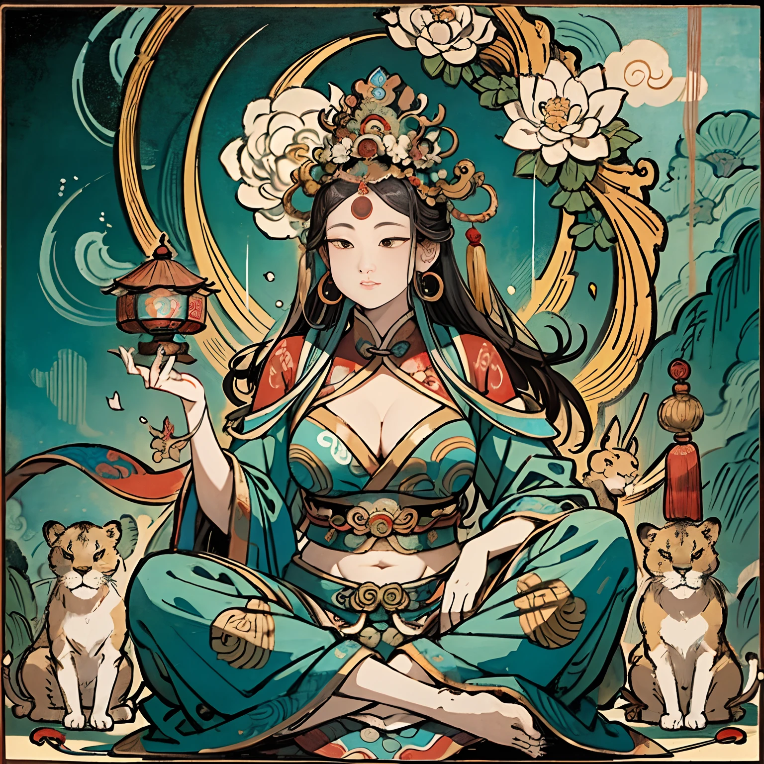 an ancient Chinese goddess, guanyin of the southern seas, Guanyin, Inspired by India, Avalokiteshvara rides a lion，,Serene expression,shui mo hua,Buddha,Buddhist,Lotus,Chinese painting style,Thangka style