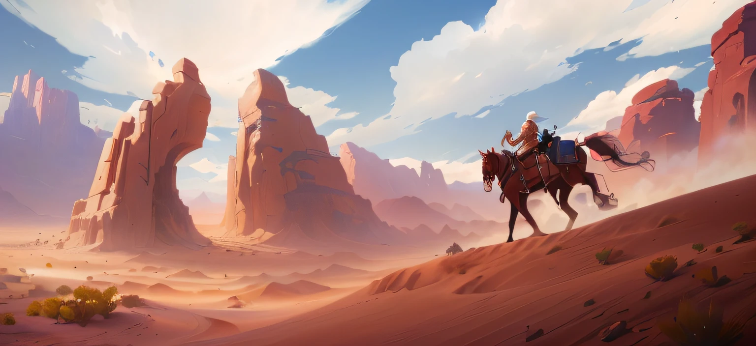 There was a man riding a horse in the desert,The background is mountains, style of duelyst, painted as a game concept art, Stylized concept art, indie game concept art, Desert nomads, Concept art wallpaper 4K, illustration concept art, wandering the desert landscape, in a serene vast desert, world of warcraft art style, indie concept art
