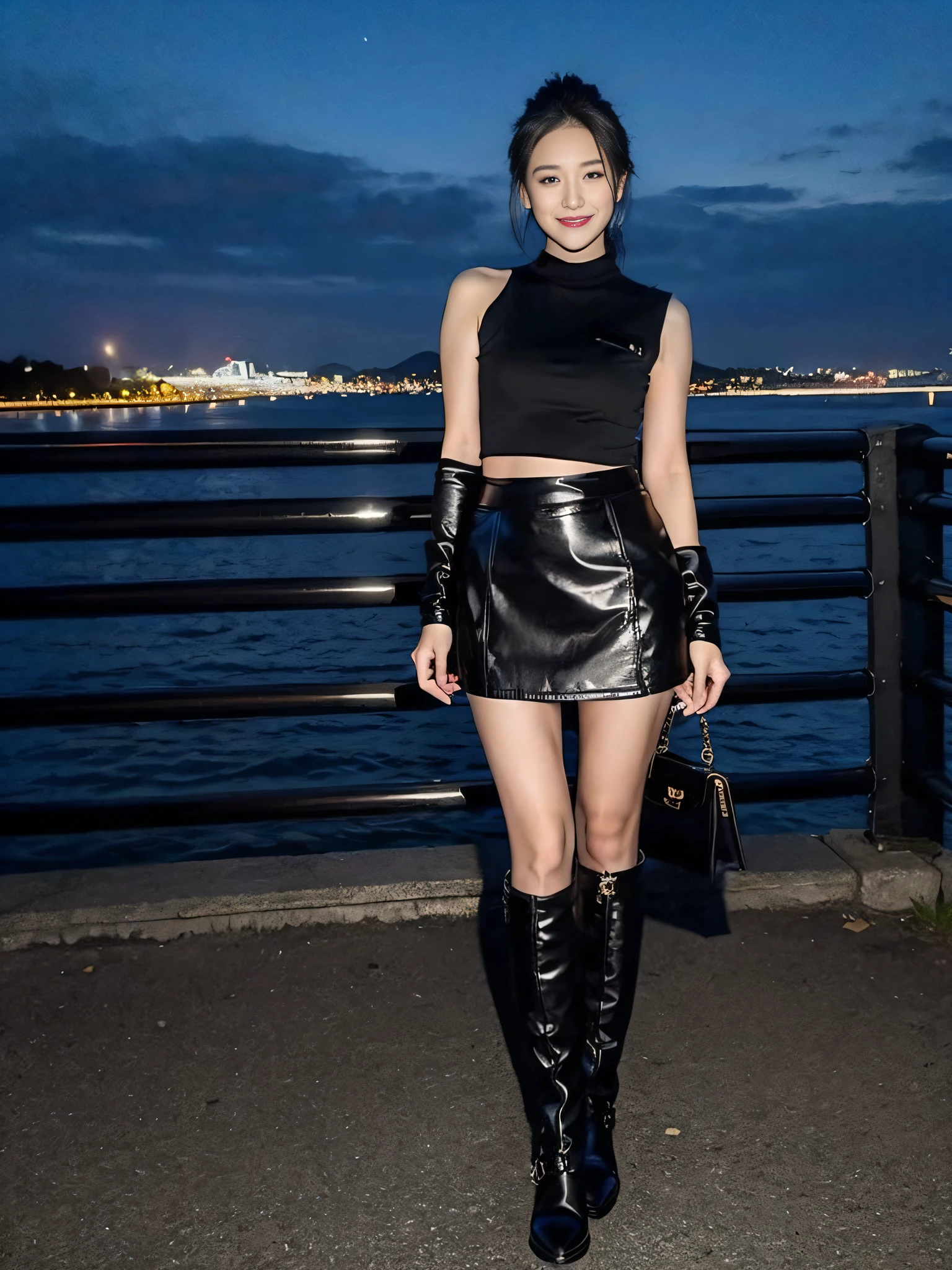 1girll,Solo,a skirt,Boots,Black color hair,long whitr hair,Over-the-knee boots,Skysky,shinning clothes,the night,Black shoes,looking at viewert,hason,无袖,a black skirt,leathers,of shoulders