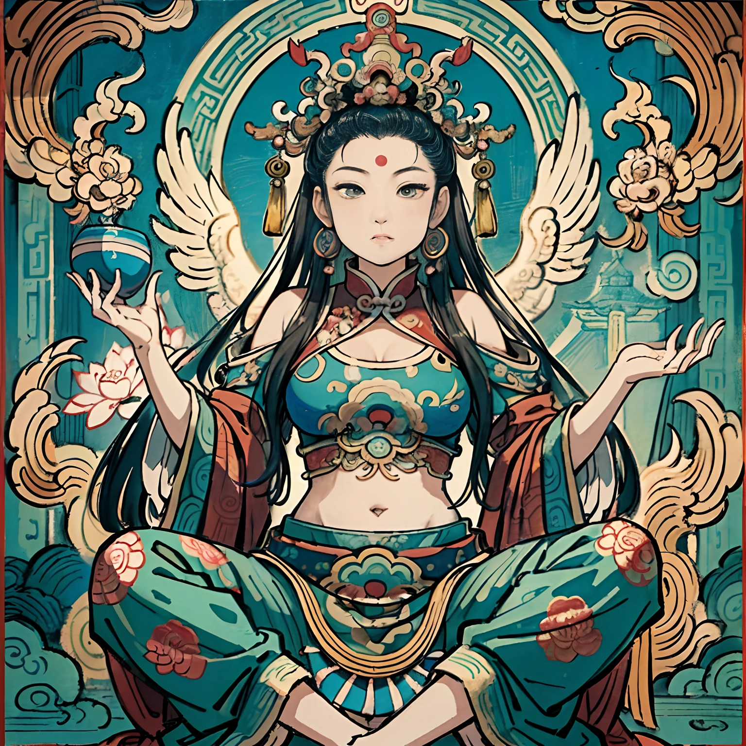 an ancient Chinese goddess, guanyin of the southern seas, Guanyin, Inspired by India, Avalokiteshvara rides a phoenix,,Serene expression,shui mo hua,Buddha,Buddhist,Lotus,Chinese painting style,Thangka style