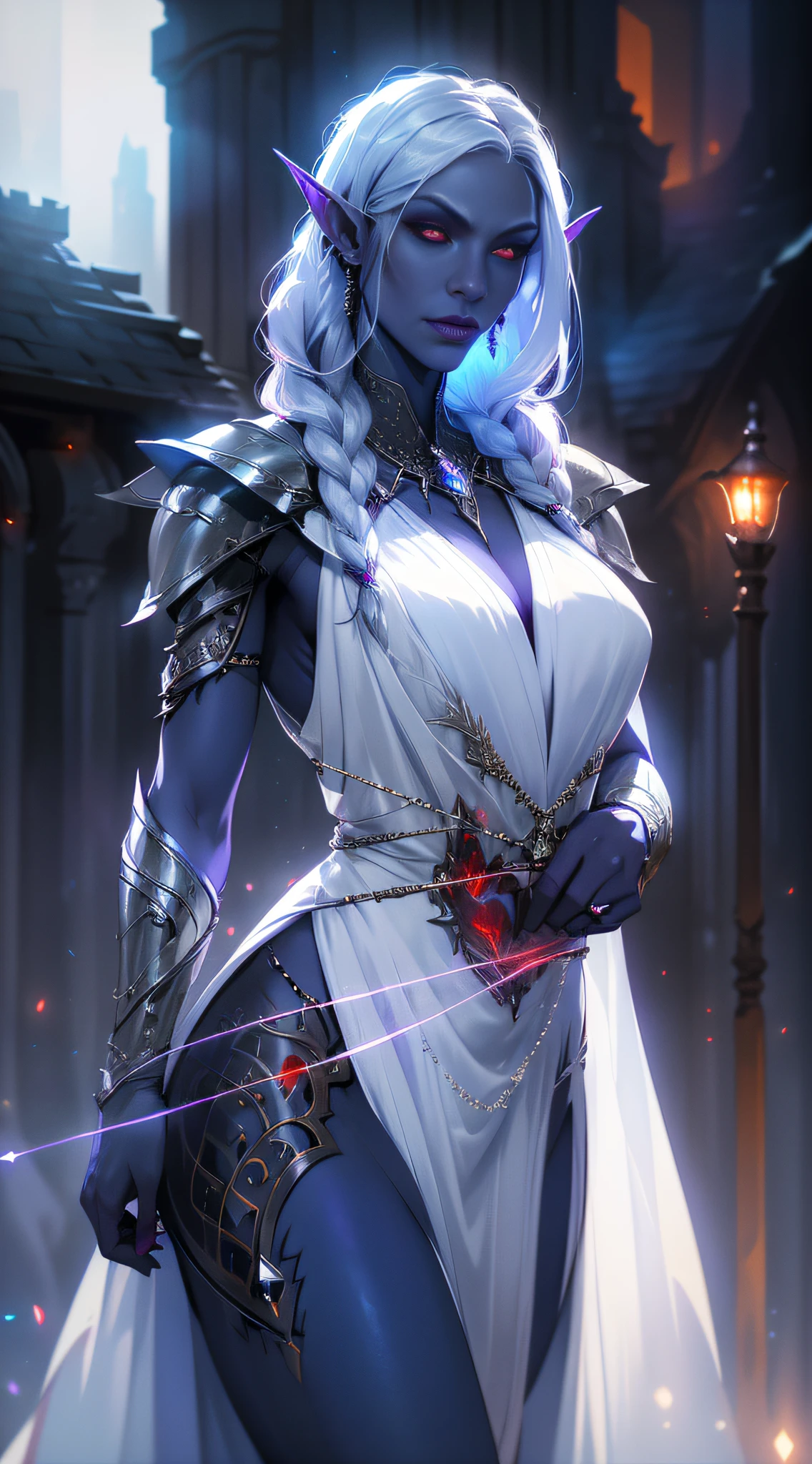 1girl, sexy drow, purple-blue skin, pale silver long elaborate braids, ((red eyes)), jewels, elf ears, earrings, ((white sorceress sexy dress)), ((wields staff)), ((cast light magic)), on a roof of scyscraper, athletic, volumetric lighting, best quality, masterpiece, realistic, anatomically correct, (strong cinematic lighting), stunning details, intricate details, 8k post-production, High resolution, super details, trending on ArtStation, sharp focus, depth of field f/1.8, studio photos, (((looking at camera)))