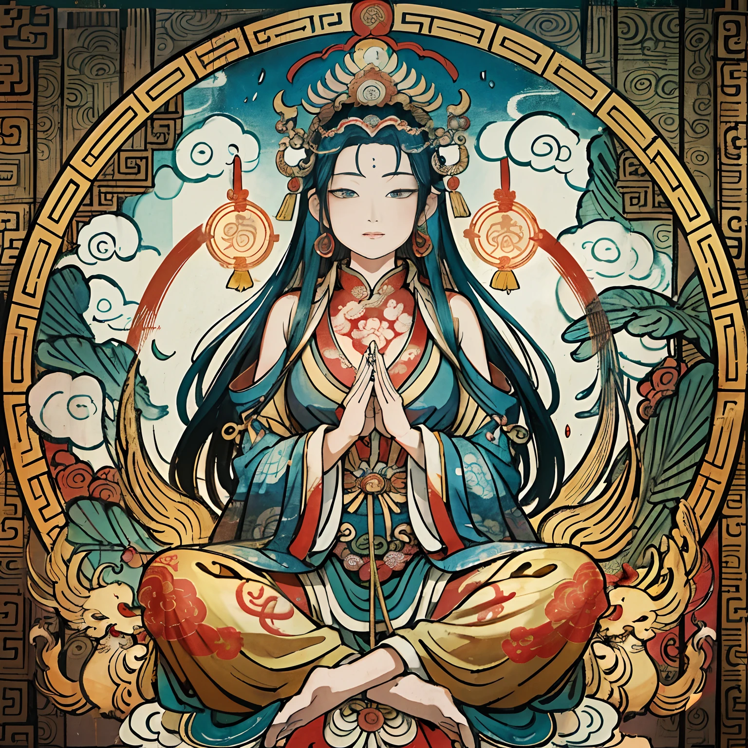 an ancient Chinese goddess, guanyin of the southern seas, Guanyin, Inspired by India, Avalokiteshvara rides a phoenix,,Serene expression,shui mo hua,Buddha,Buddhist,Lotus,Chinese painting style,Thangka style