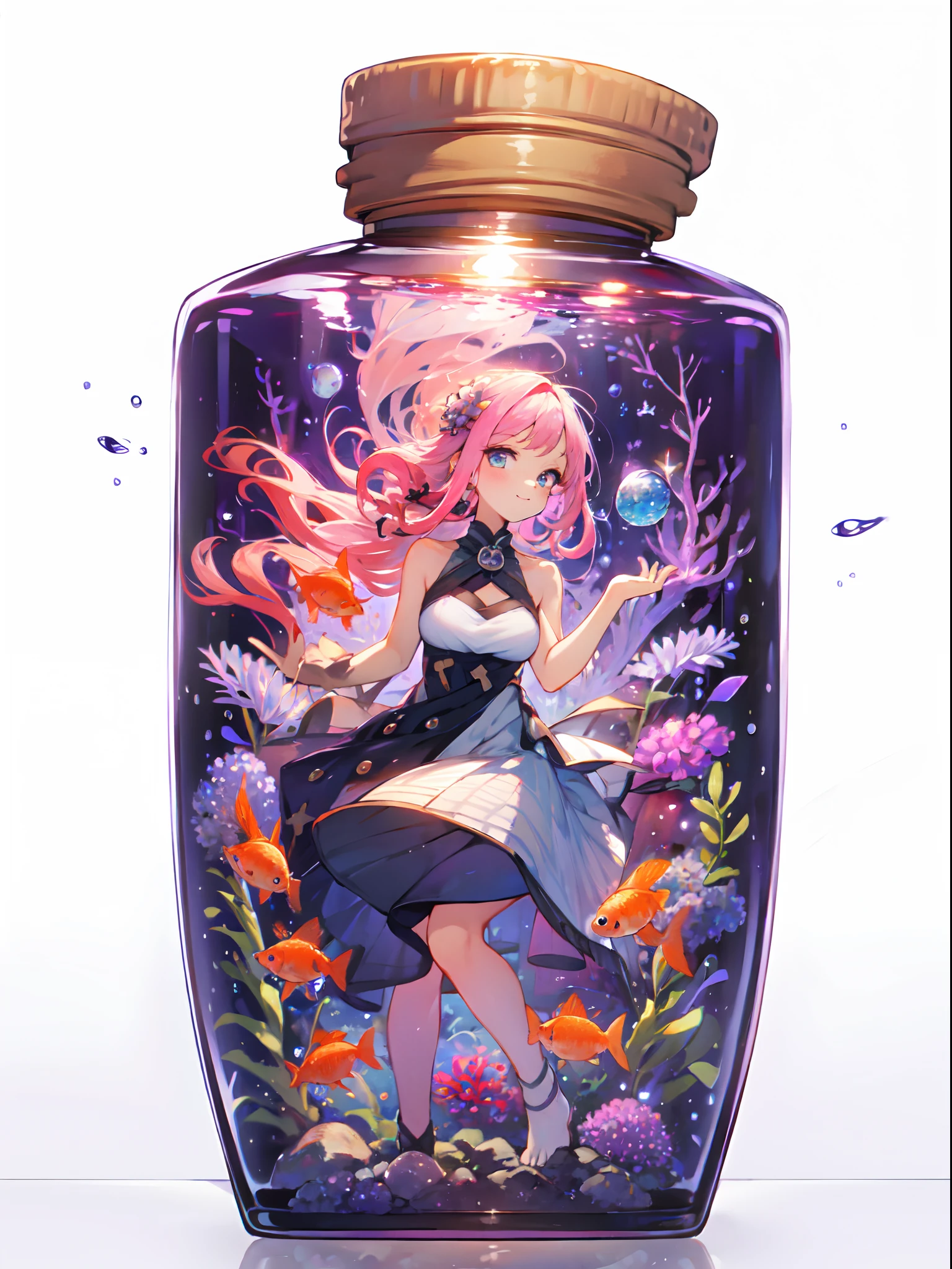 perfect eyes:1.2, detailed eyes:1.4, pineapple, smile, sitting, full body, air bubble, (masterpiece:1.2, best quality), phgls, /bottle, in container, (finely detailed beautiful eyes: 1.2), 1girl, solo, big breasts, tentacles, purple hair, pink hair, two-tone hair, underwater, floating hair, (bound:1.4), (bdsm:1.7)，shy，blush，cry，scared，(anger:1.3)，((arm behind back))