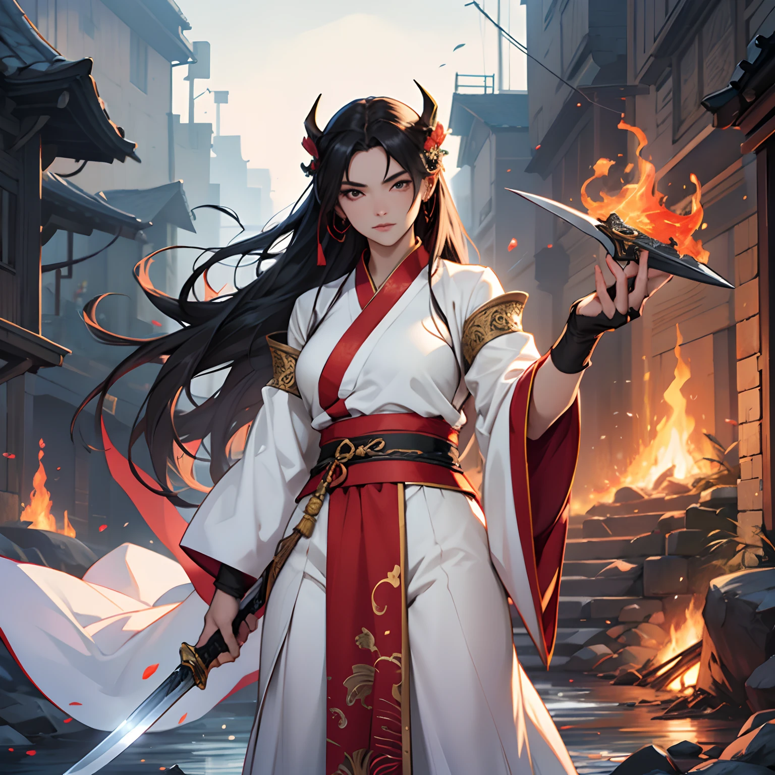 Uma mulher, (mulher), usa Hanfu vermelho sexy, bonito, arrogante, cabelo vermelho longo, seios grandes, voluptuosa, Hanfu, antigo, muito sexy, atraente, dama de fogo, standingn, corpo inteiro insinuante, from head to toe,showing off holding a sword with the big blade ,long and sharp in her right hand, Near the entrance of the Fire Stream Sect